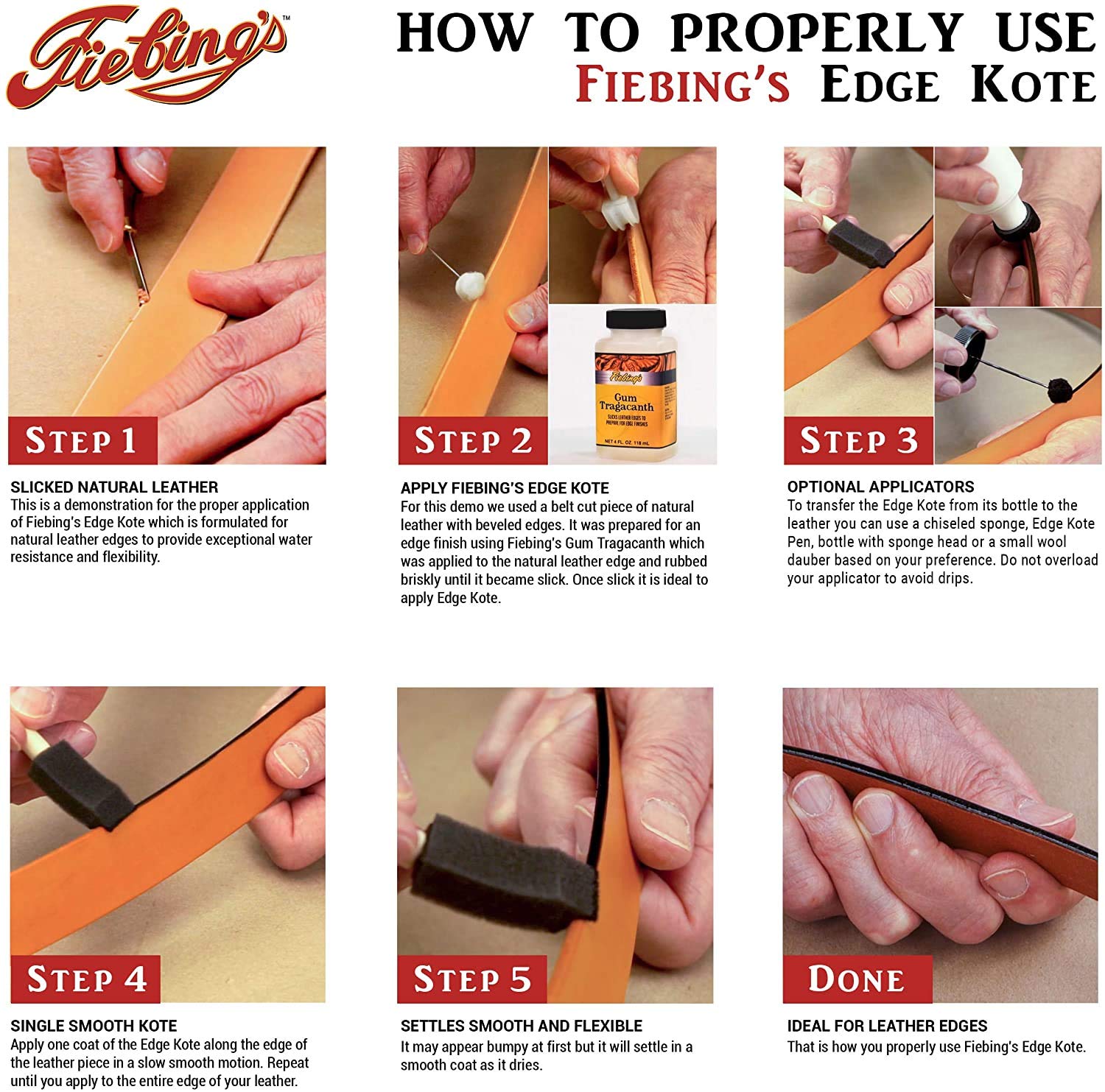 Fiebing's Edge Kote USA-made packaging supports reliable leather edge care.