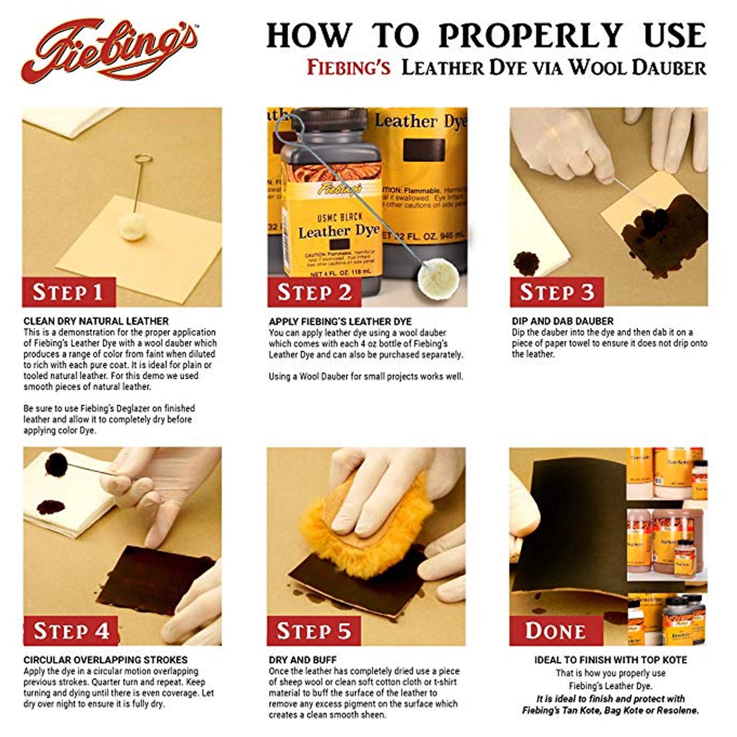Fiebing's Leather Dye dyed leather with flat finish for a refined look