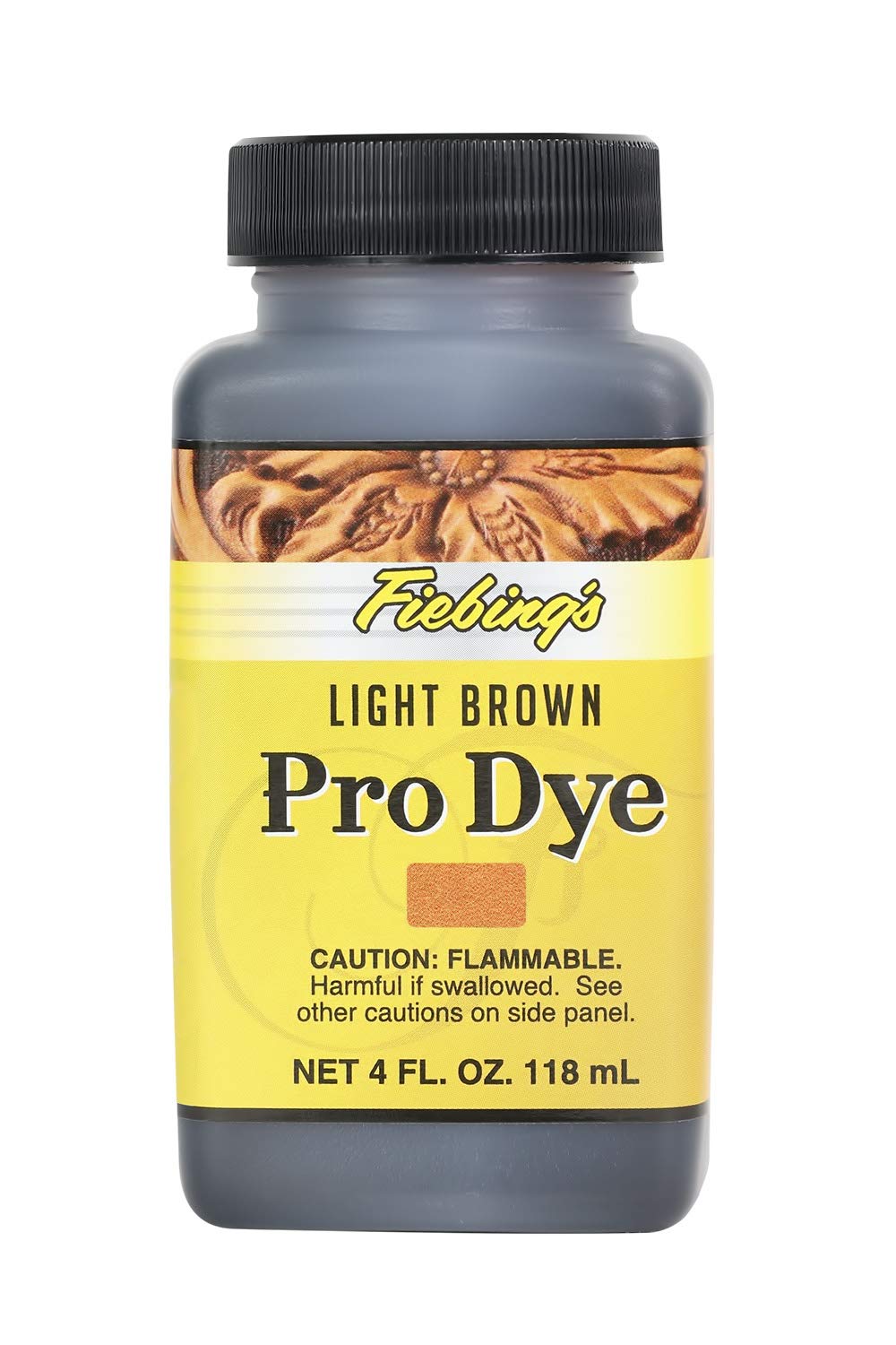 Fiebing's Pro Dye Light Brown 4oz bottle ready for consistent color on leather.