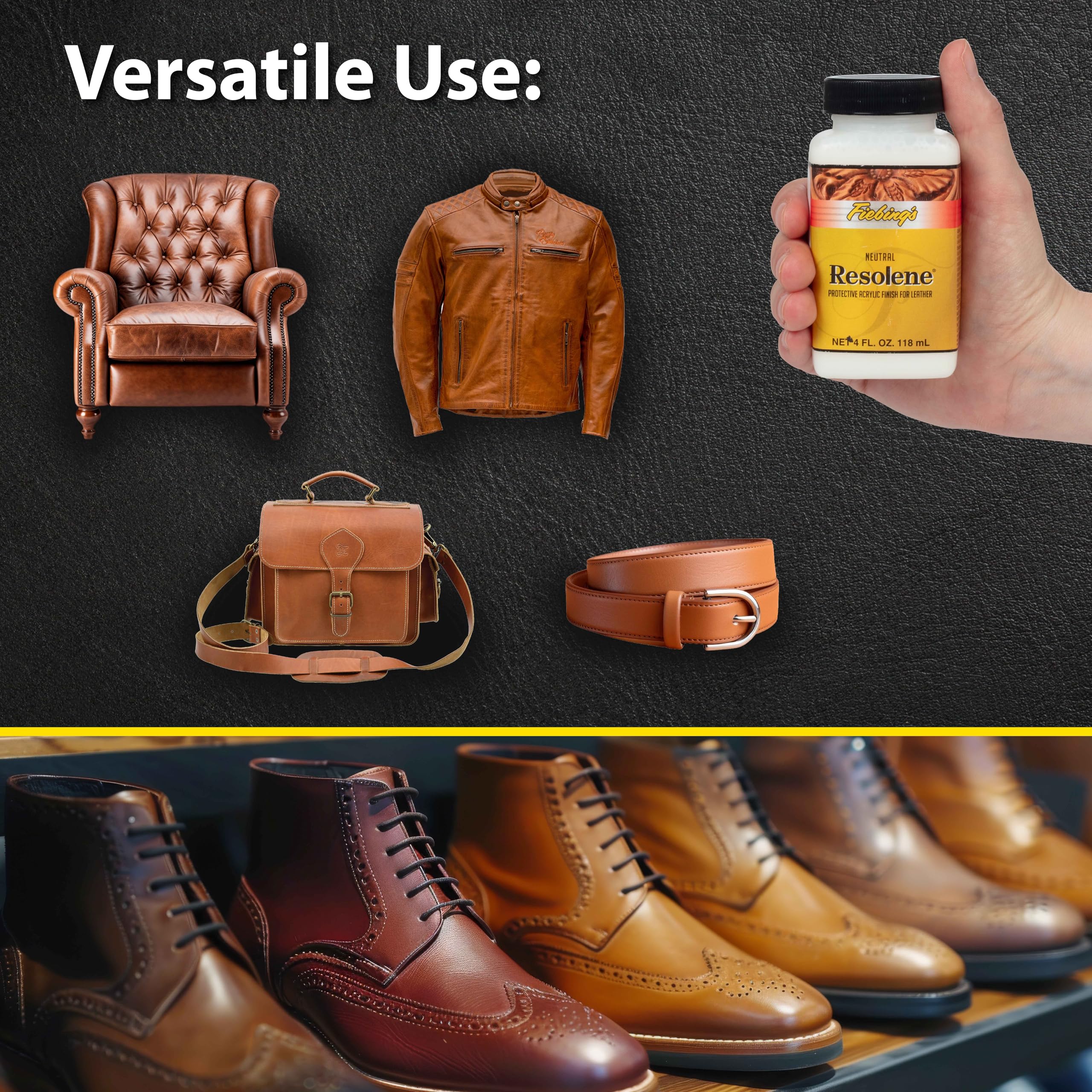 Fiebing's Acrylic Resolene polished leather highlight shows enhanced shine and professional finish.