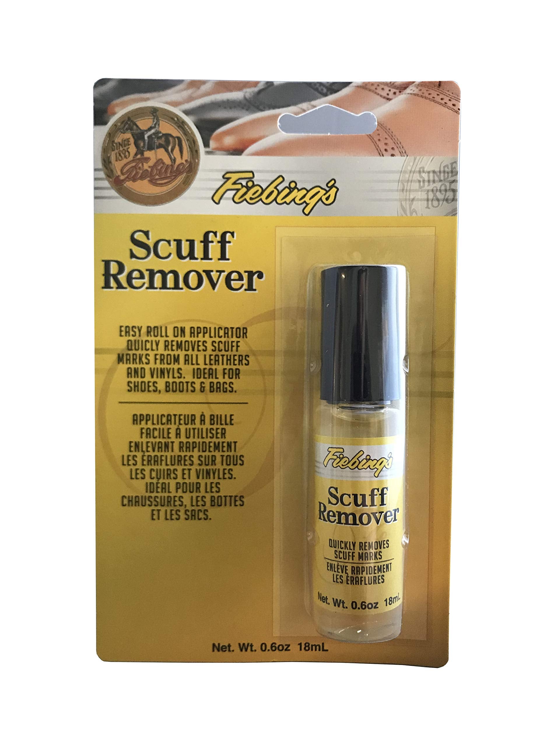Fiebing's Scuff Remover roll-on bottle, ideal for quick leather and vinyl touch-ups on shoes and bags.