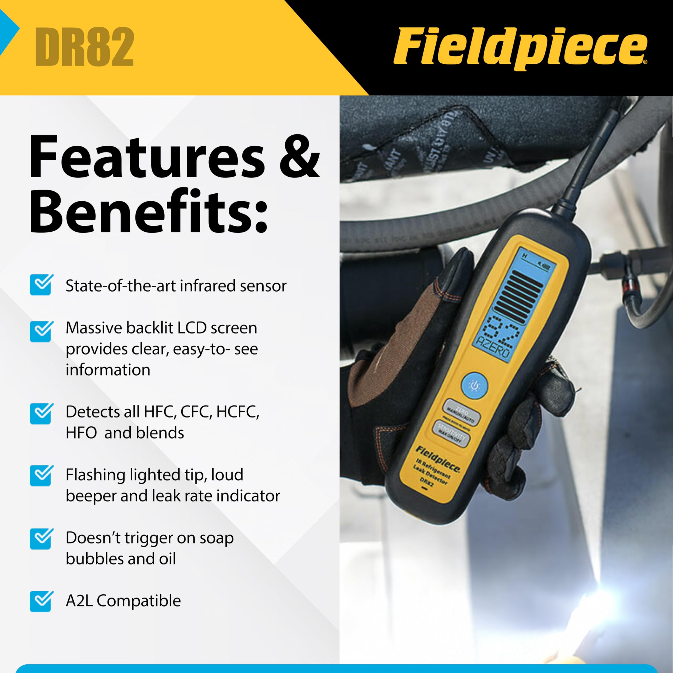 Fieldpiece DR82 backlit display clearly shows leak size for quick decisions