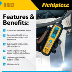 Fieldpiece DR82 backlit display clearly shows leak size for quick decisions