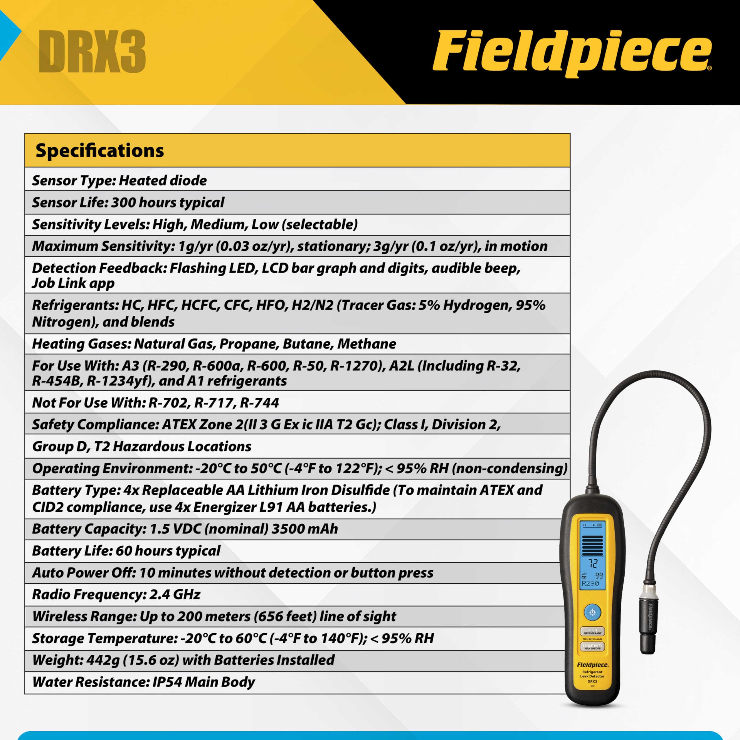 Fieldpiece DRX3 battery access showing field replaceable power