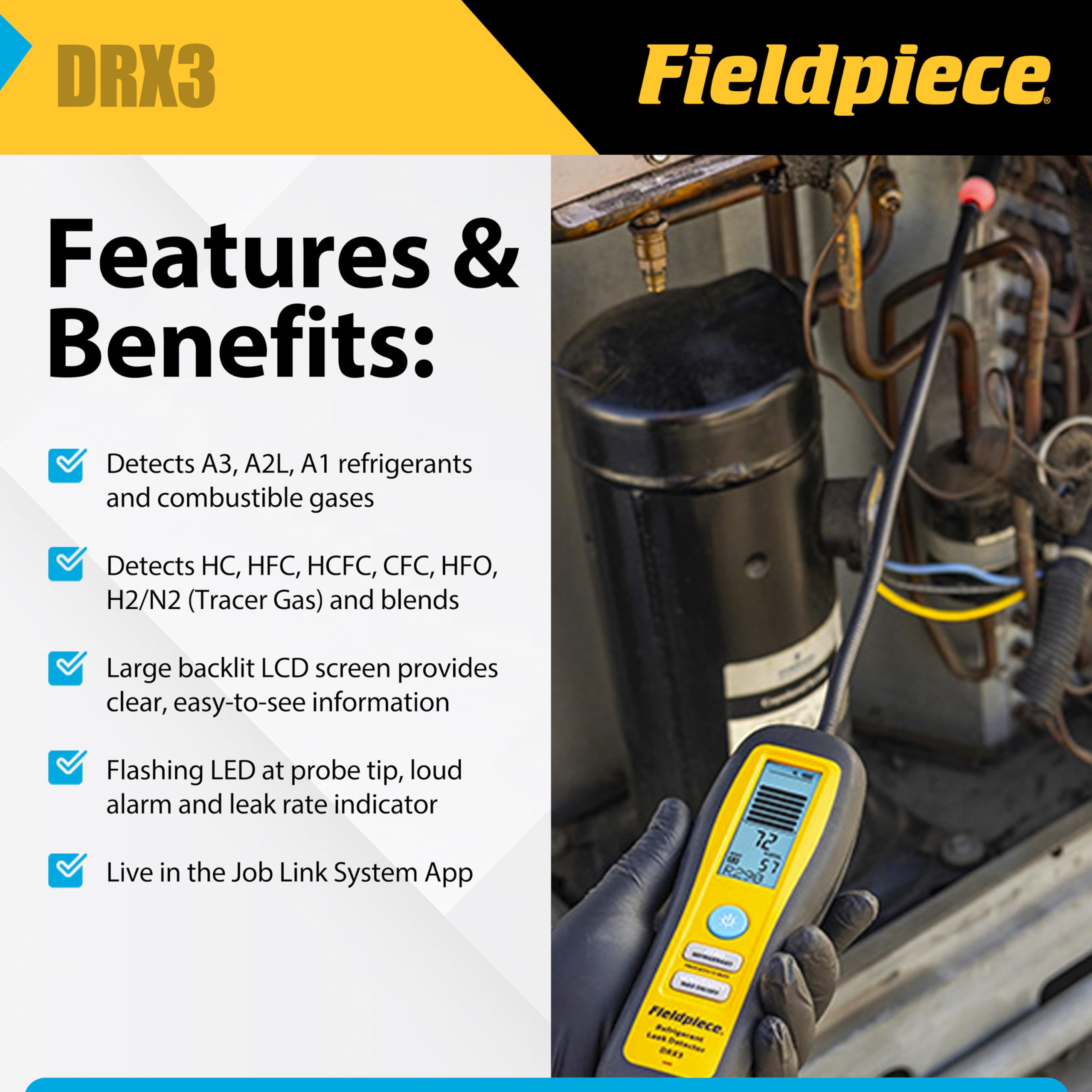 Fieldpiece DRX3 heated diode sensor in use detects refrigerants and gases with precision