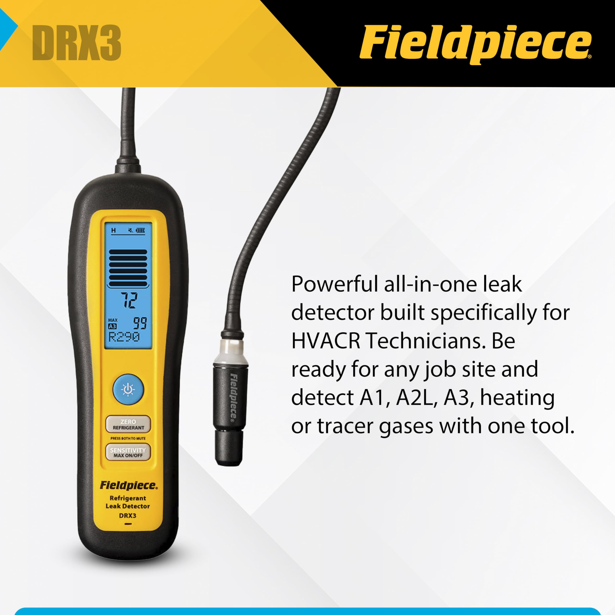 Fieldpiece DRX3 adjustable sensitivity levels for high medium and low leaks