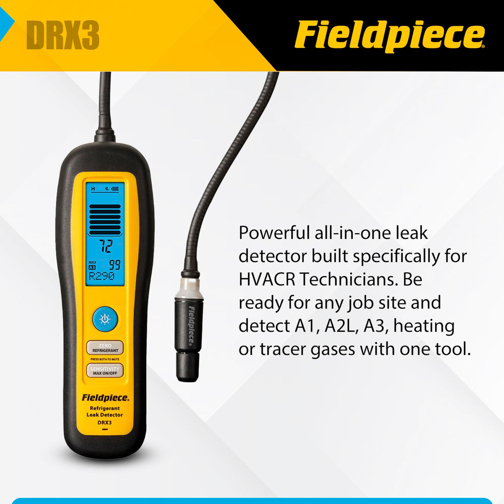 Fieldpiece DRX3 adjustable sensitivity levels for high medium and low leaks