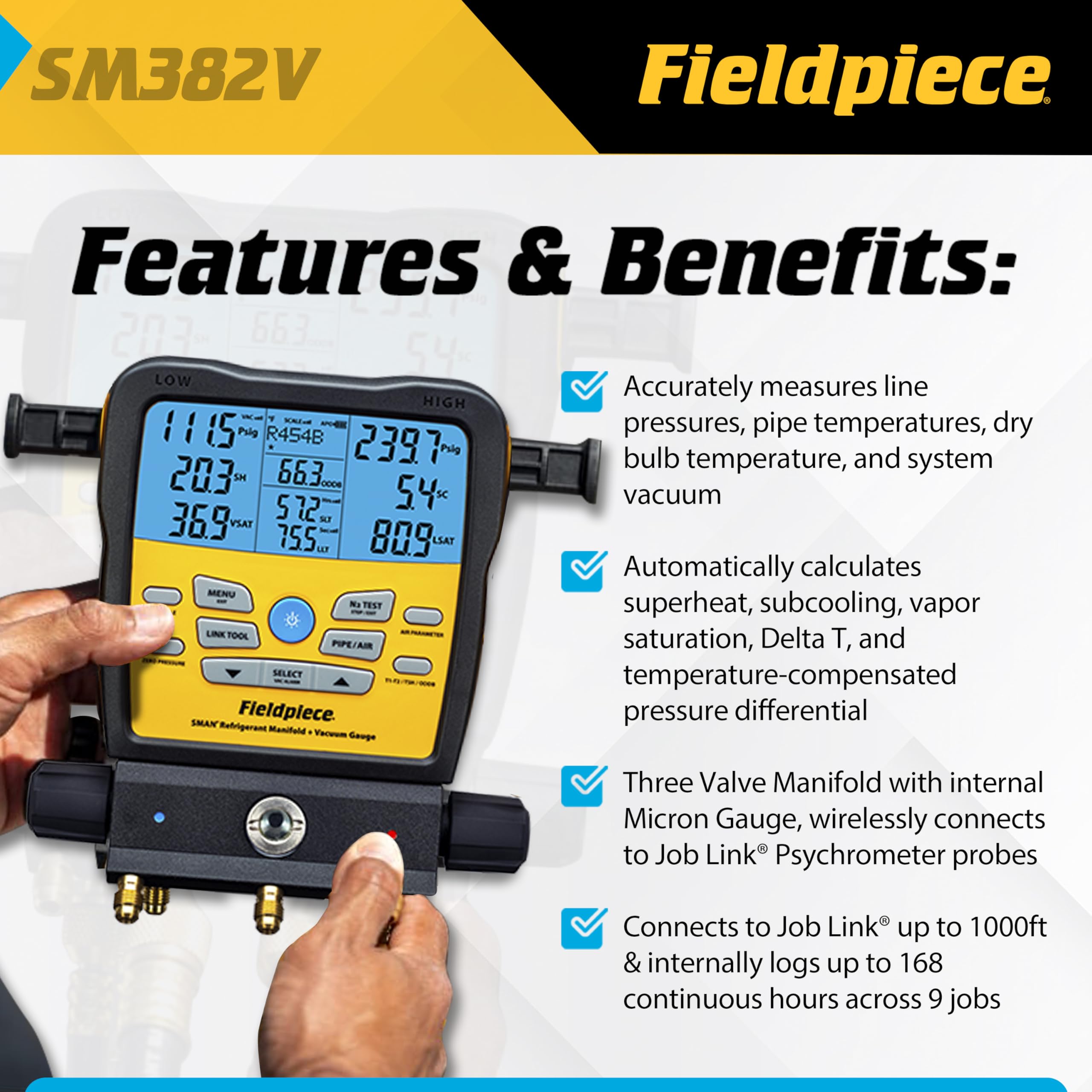 Fieldpiece SM382V digital micron gauge detects tiny pressure changes for accurate service.
