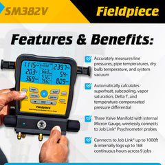 Fieldpiece SM382V digital micron gauge detects tiny pressure changes for accurate service.