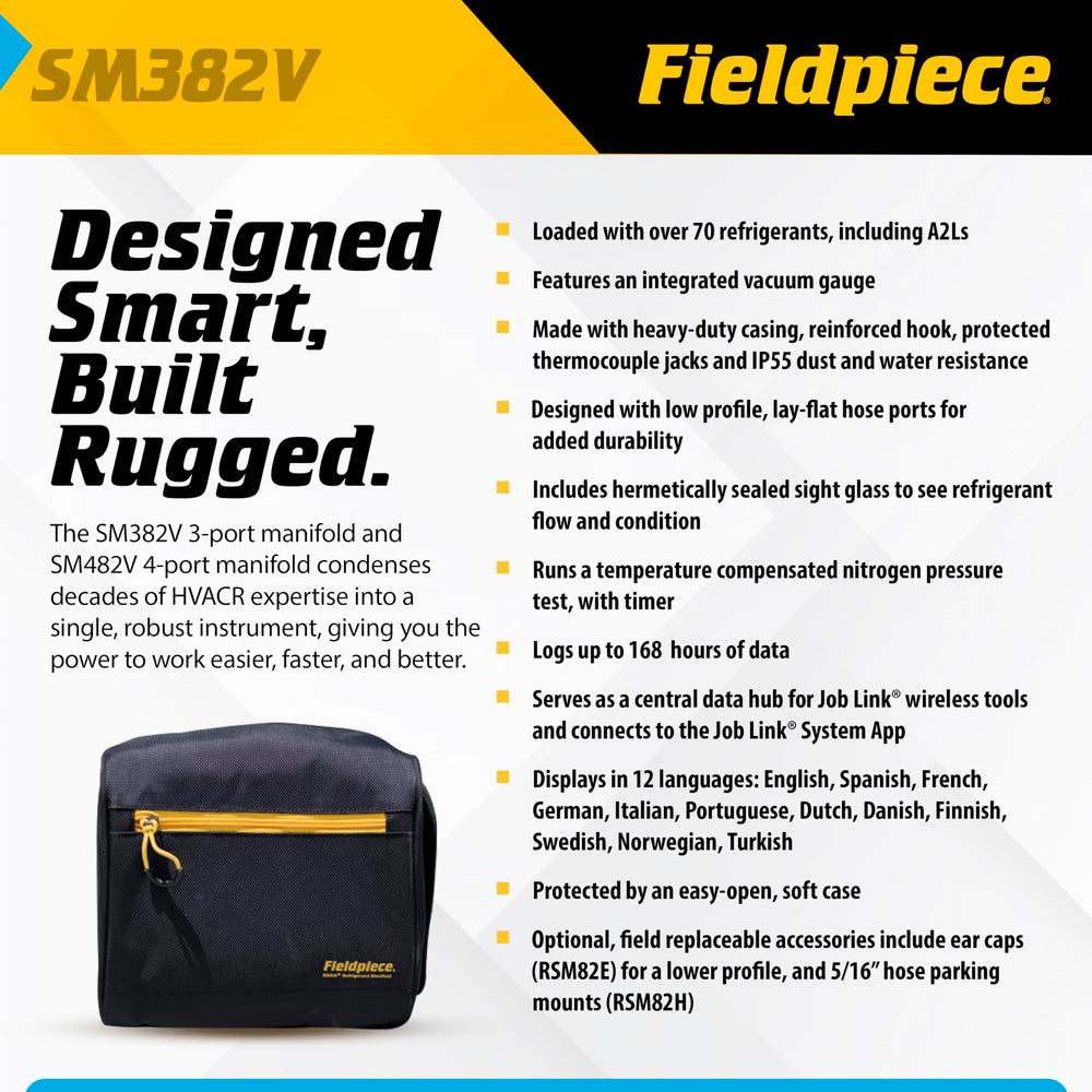 Fieldpiece SM382V four-valve vacuum gauge supports Job Link Psychrometer connections.