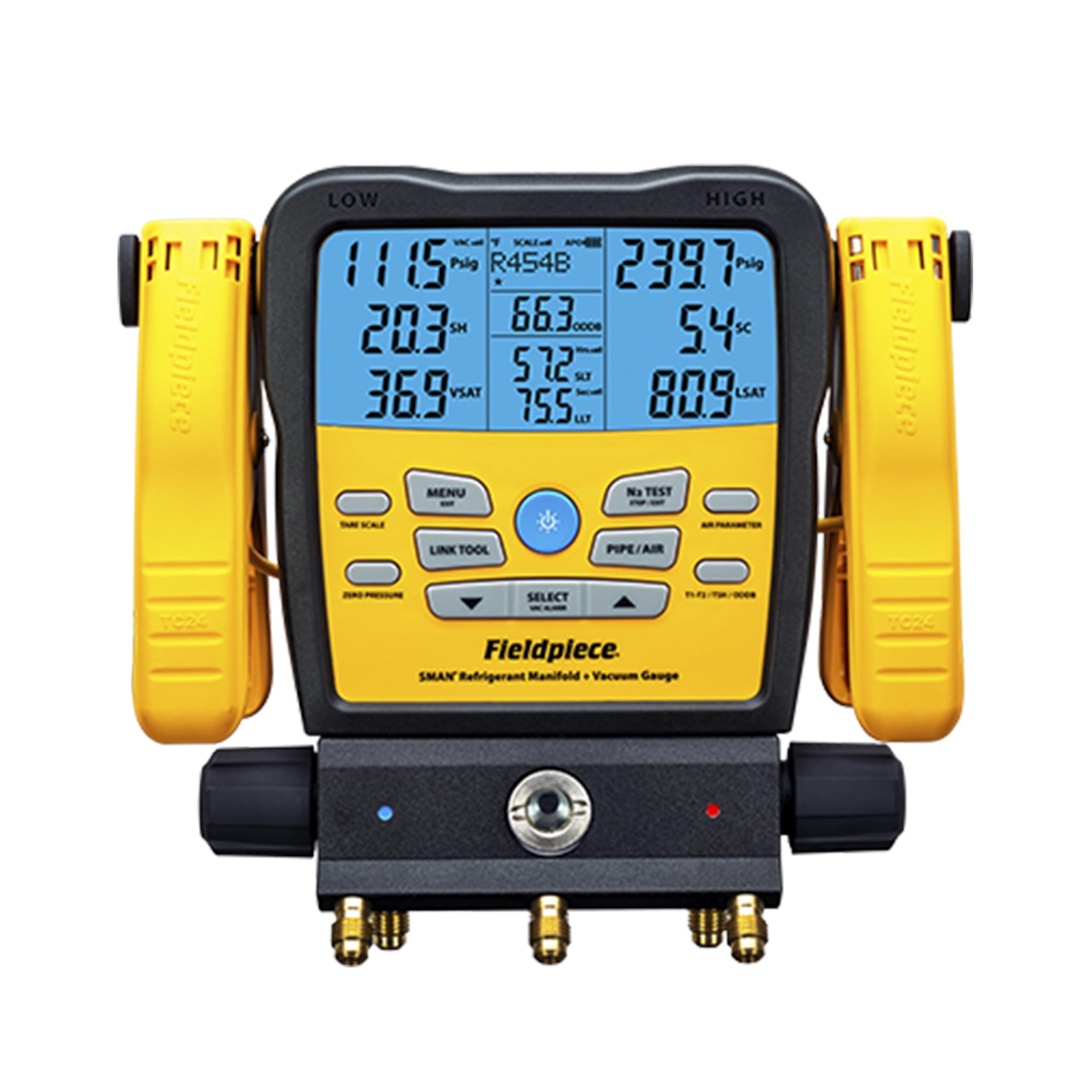 Fieldpiece SM382V wireless SMAN manifold with clear display for precise refrigerant diagnostics.