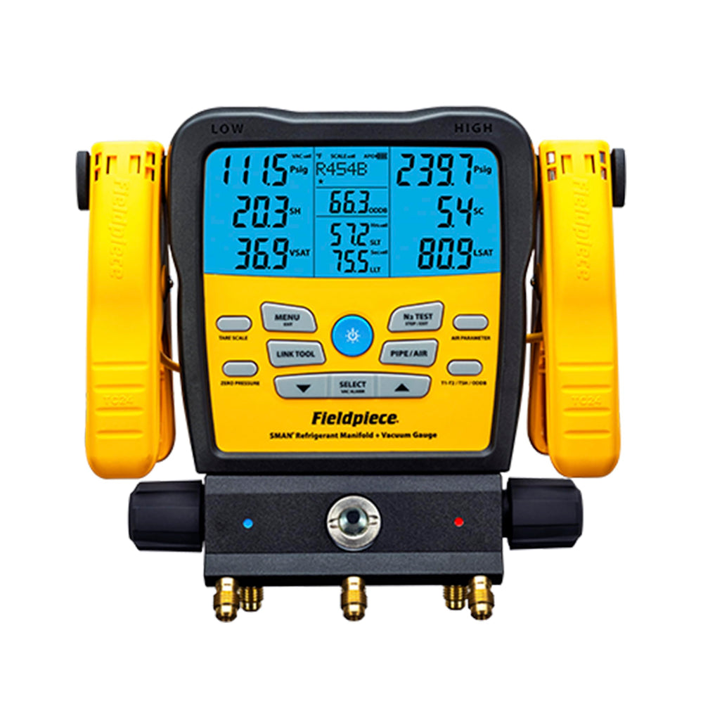 Fieldpiece SM382V wireless SMAN manifold with clear display for precise refrigerant diagnostics.