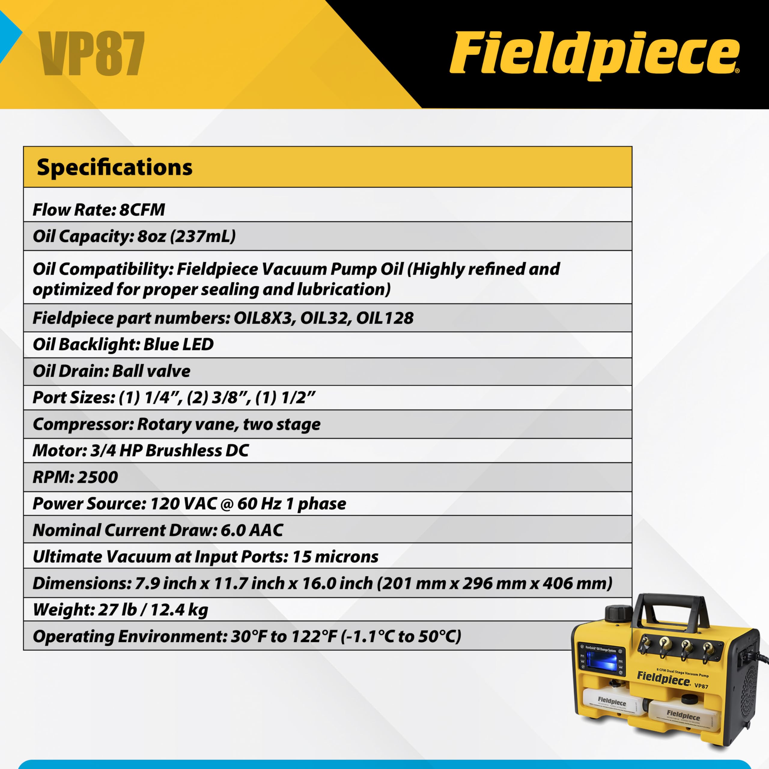 Fieldpiece VP87 DC motor close-up emphasizes durable power for fast evacuations.