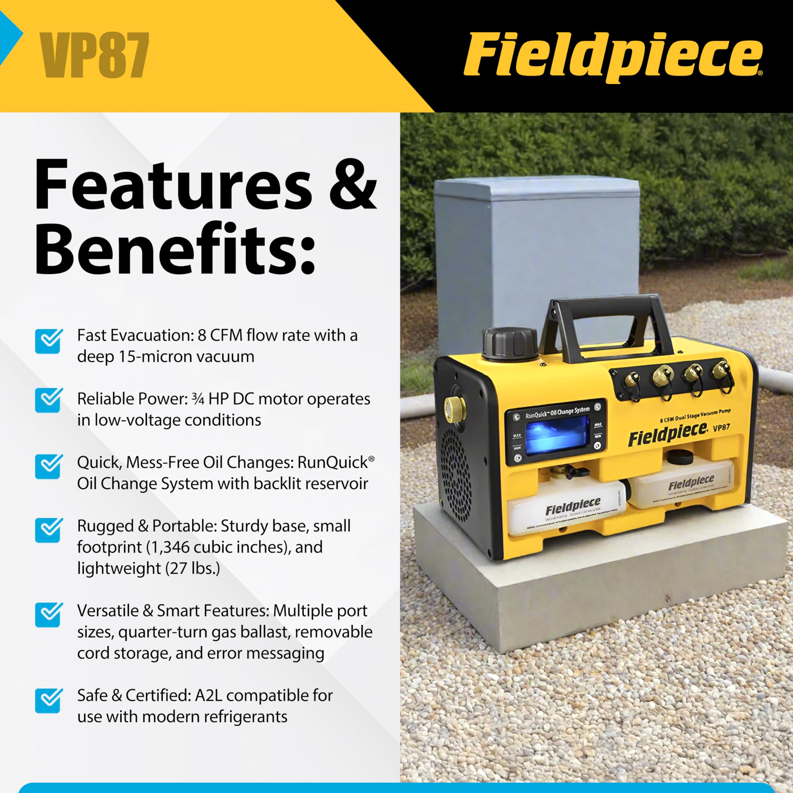 Fieldpiece VP87 side view shows compact form ideal for tight job sites.
