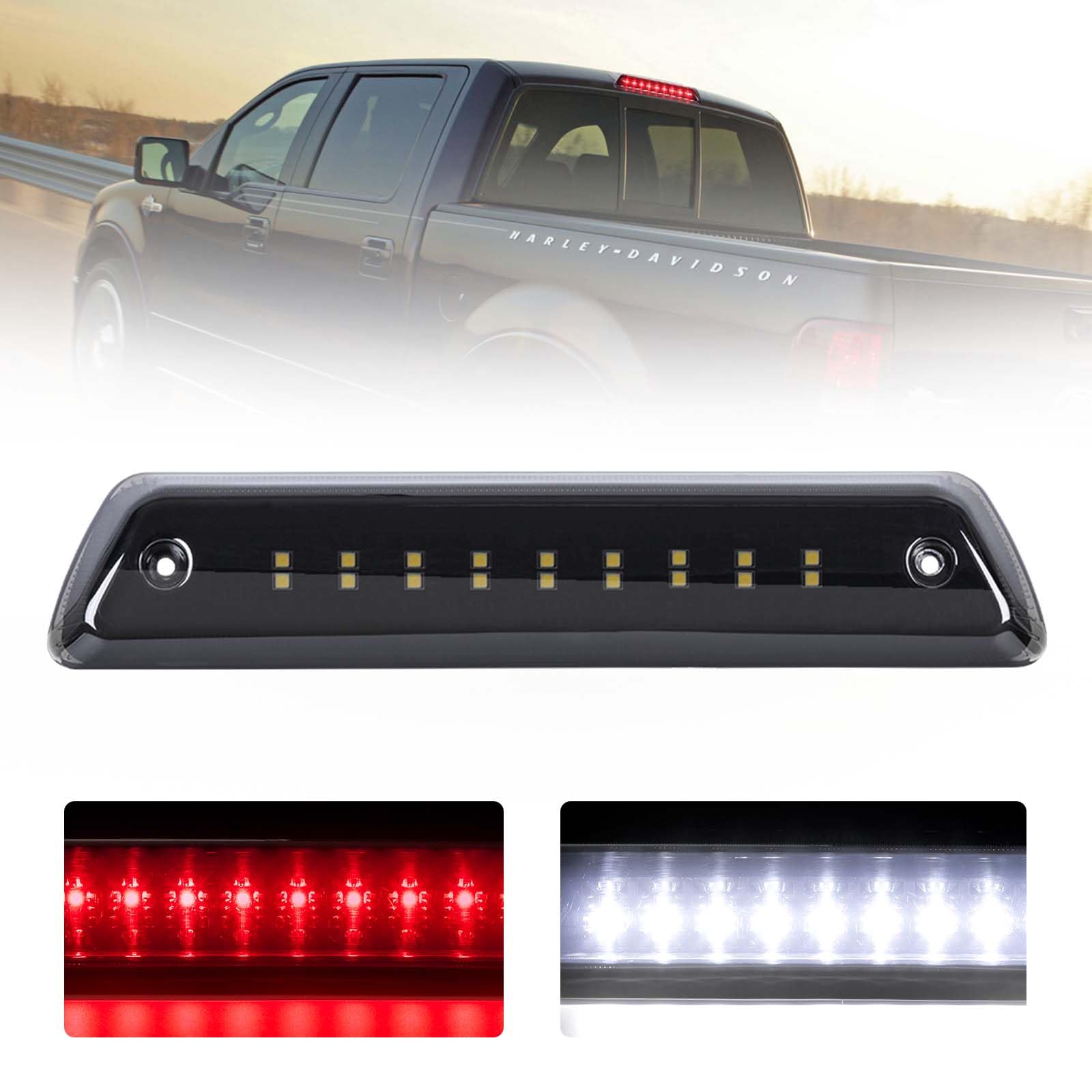 FIERYRED third brake light with smoked lens for Ford F-150 enhances rear visibility.