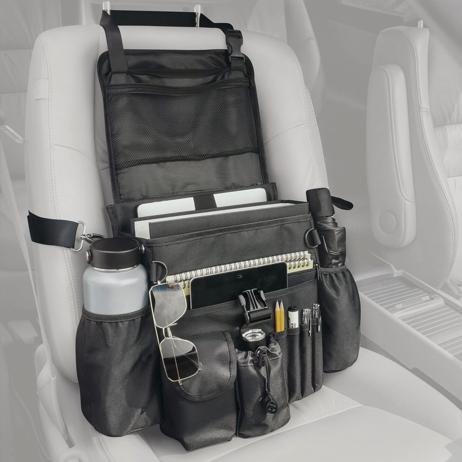 FifthQuarter car organizer front seat with large capacity for tools and laptop, for easy access.