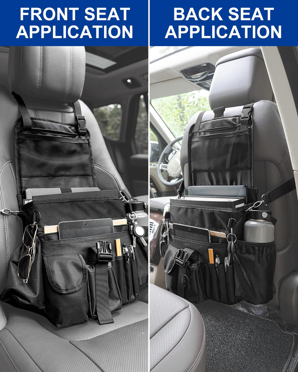 FifthQuarter organizer with adjustable side straps stabilizes on the seat, reducing wobble.