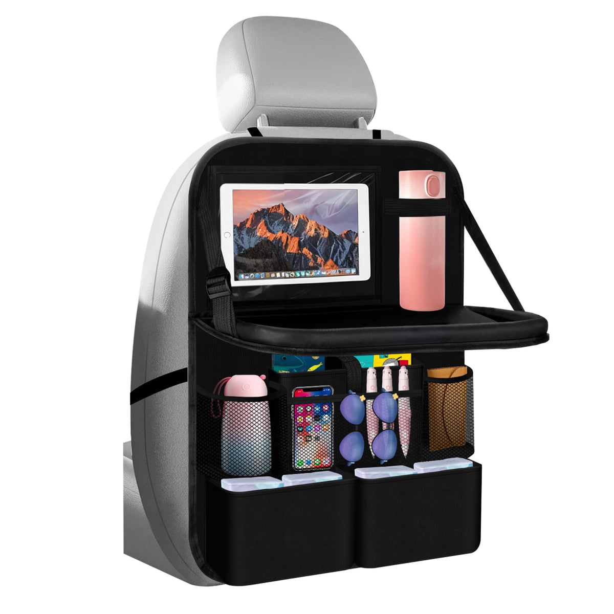 Figpade backseat organizer with foldable tray ready for work or meals on the road