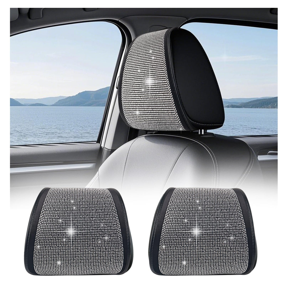 Figpade diamond headrest cover adds luxury sparkle while protecting seats.