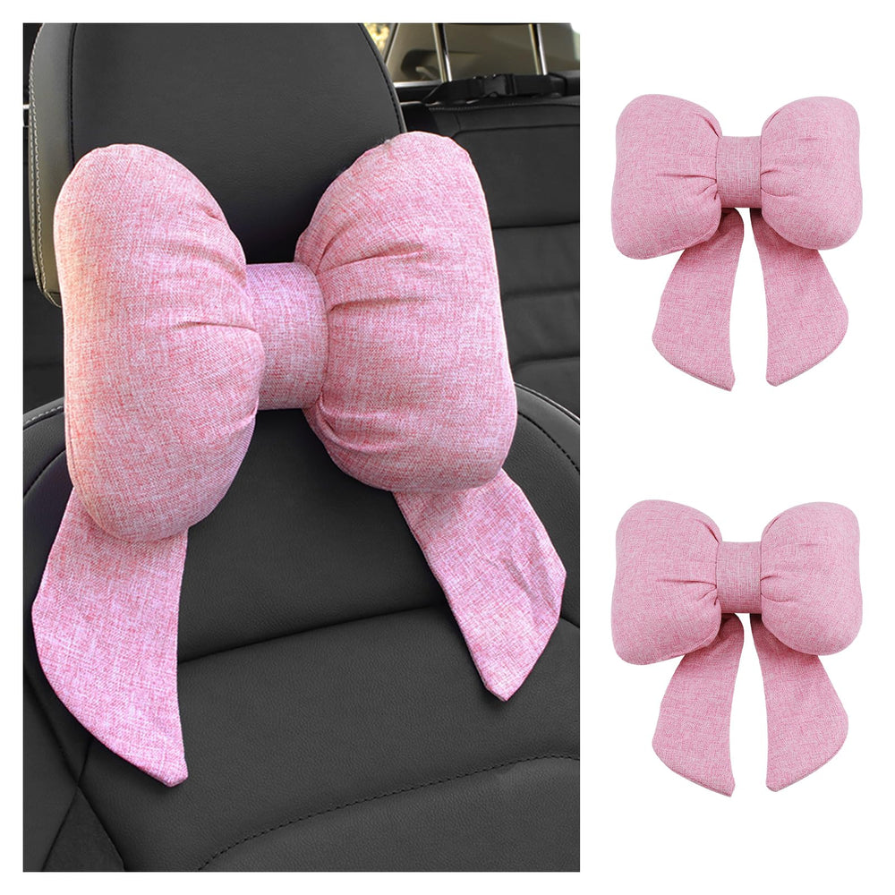 Figpade bow headrest pink two-piece set offers neck support and stylish car interior.