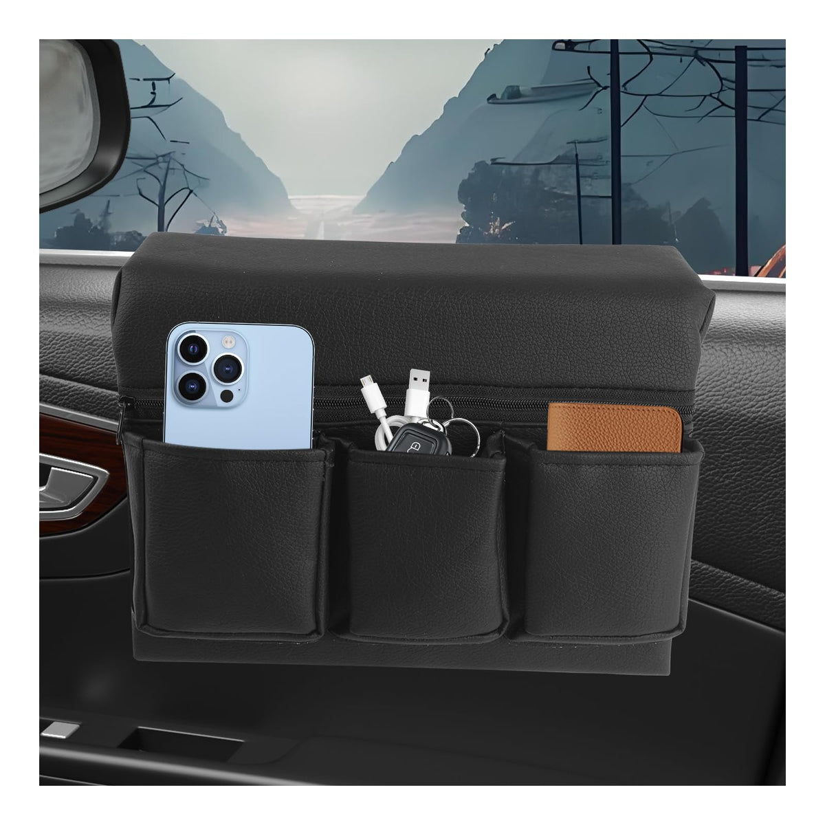 Figpade car armrest storage box sits in the window keeping essentials organized within reach