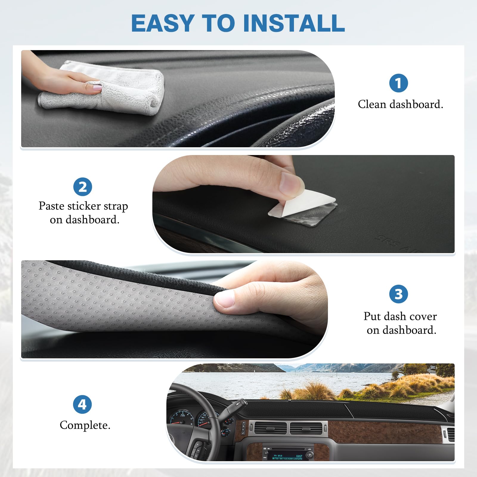 FIILINES dash cover with straps ensures easy installation and secure fit.