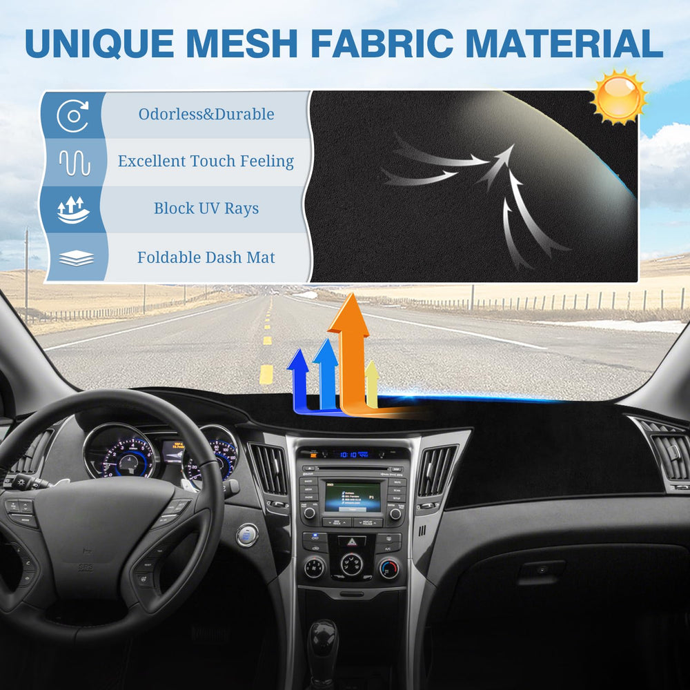 FIILINES dash cover sun shield reduces interior heat and glare for safer visibility.