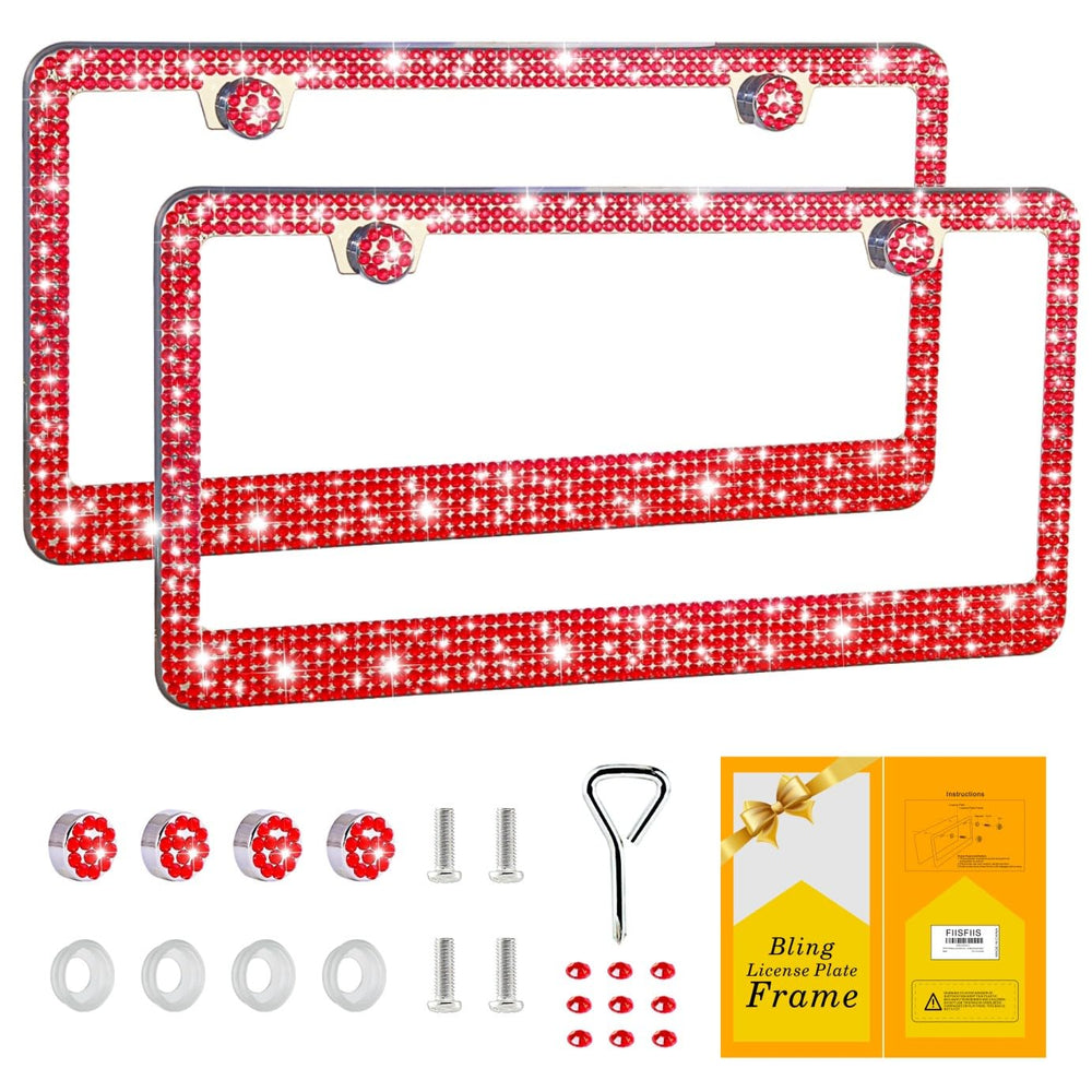 FIISFIIS bling license plate frame with red crystals adds sparkle to your ride and stands out on the road