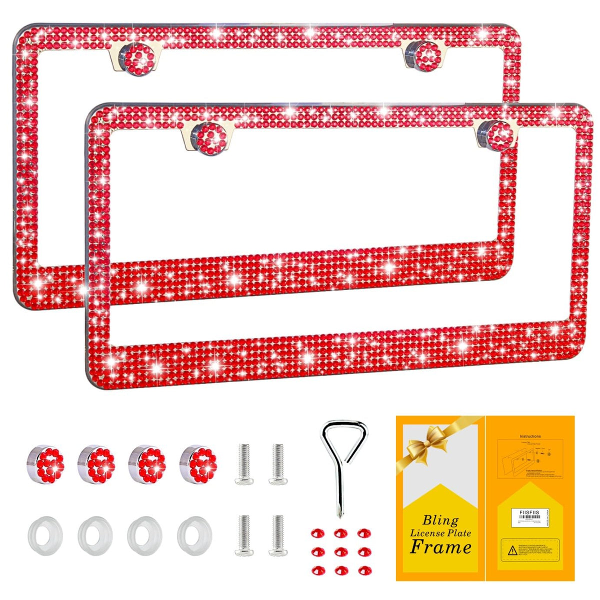 FIISFIIS bling license plate frame with red crystals adds sparkle to your ride and stands out on the road