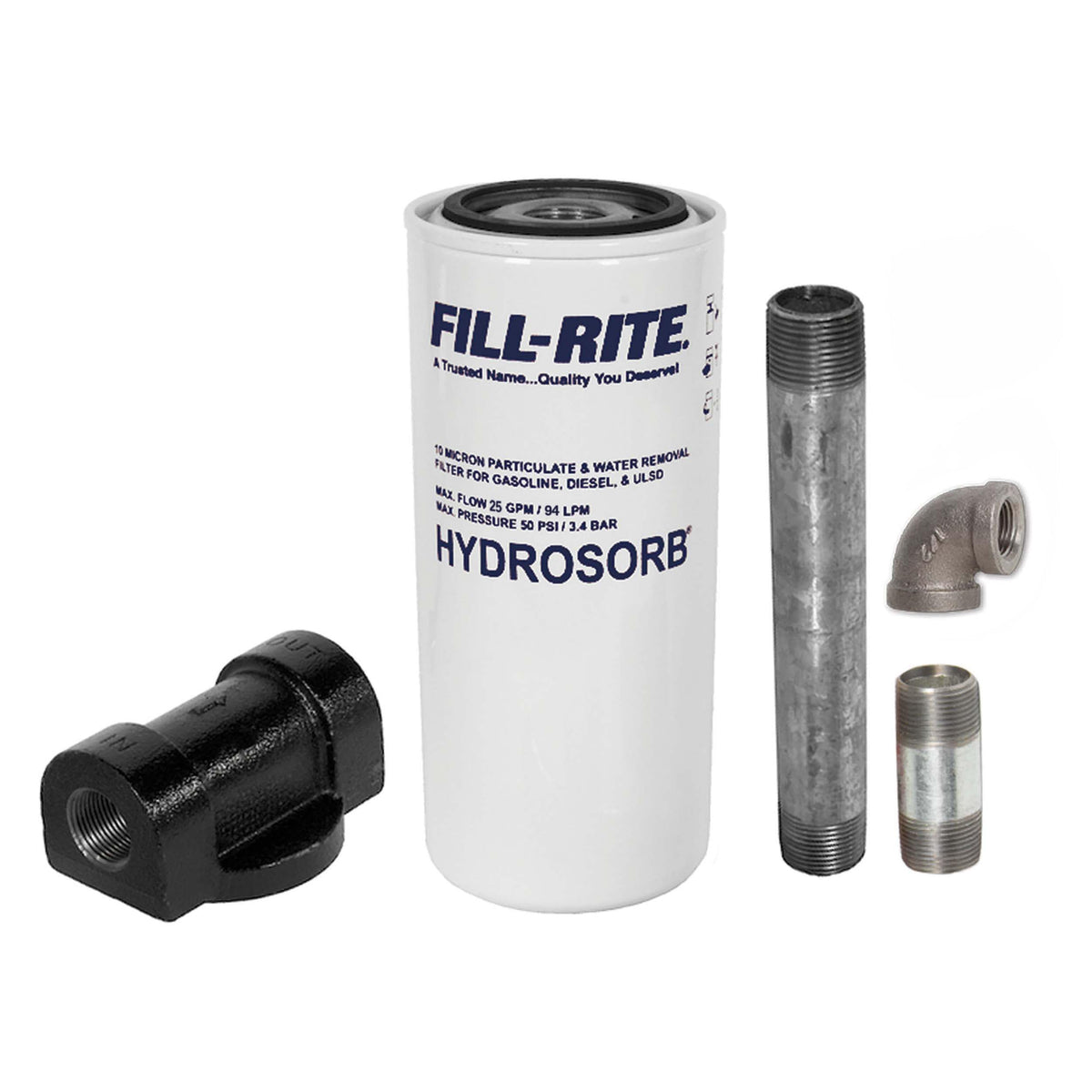 Fill-Rite 1210KTF7019 filter kit close-up with head and fittings for fuel transfer.