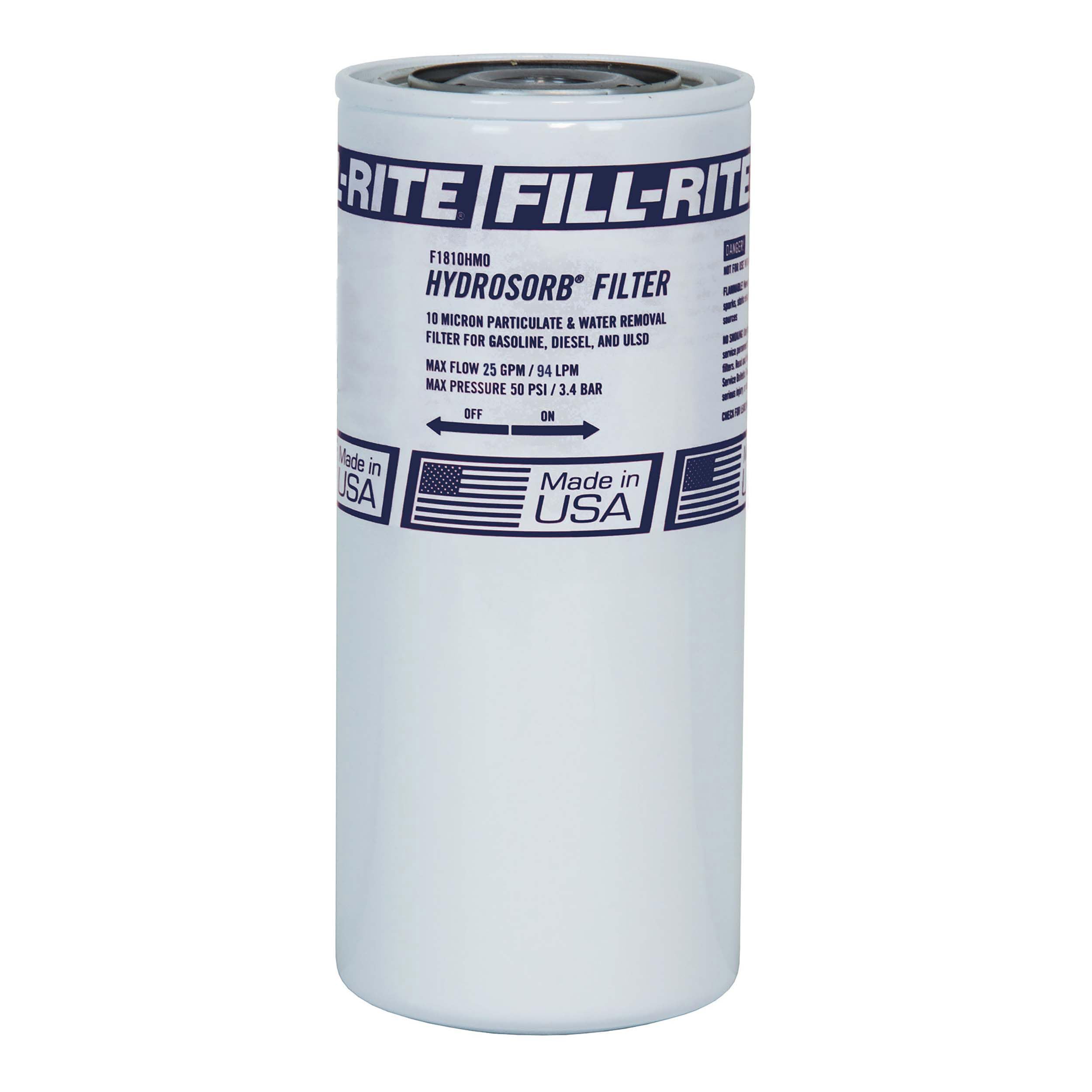 Fill-Rite F1810HM0 10-micron water-detecting filter protects pumps.