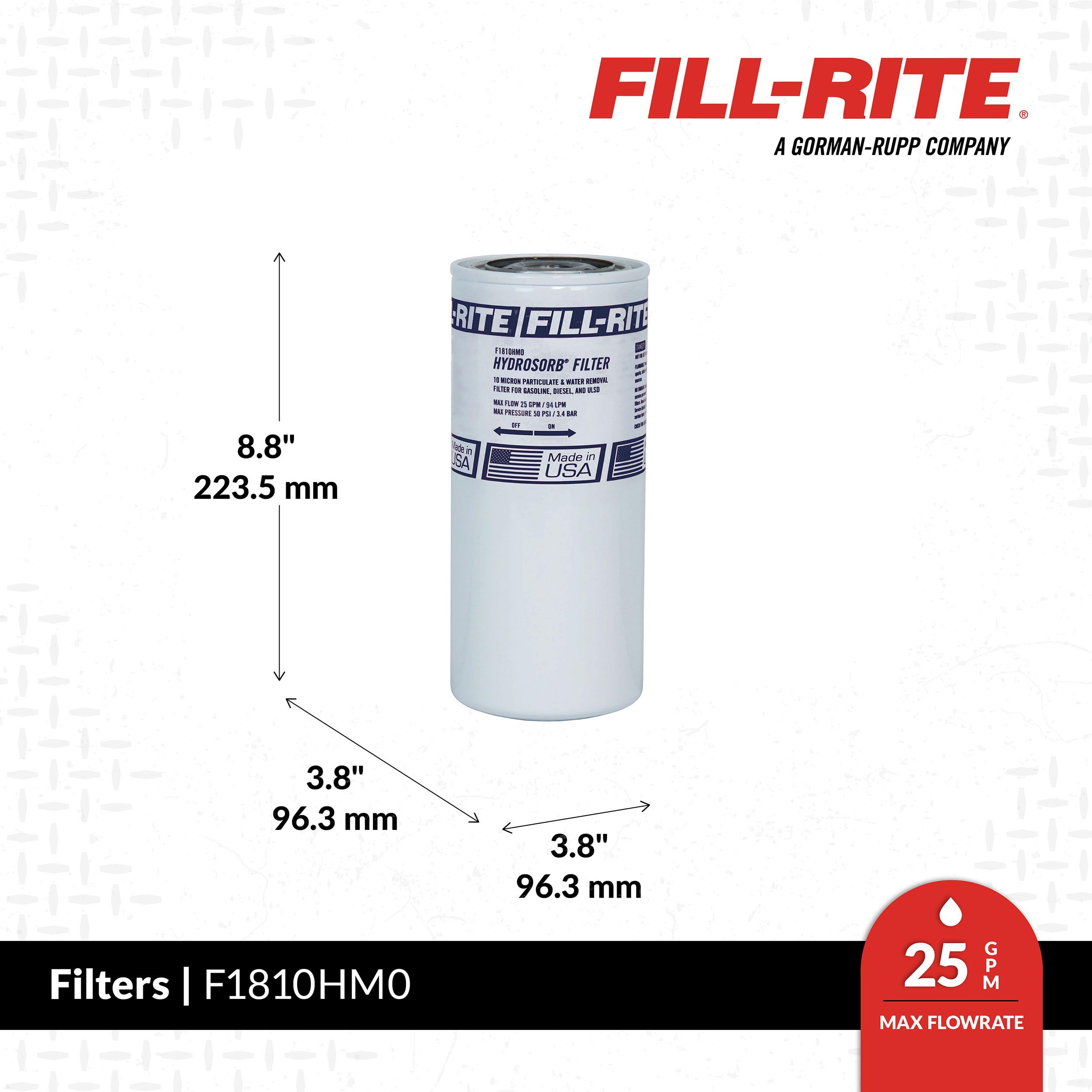 Fill-Rite F1810HM0 spin-on filter designed for high-flow fuel transfers.