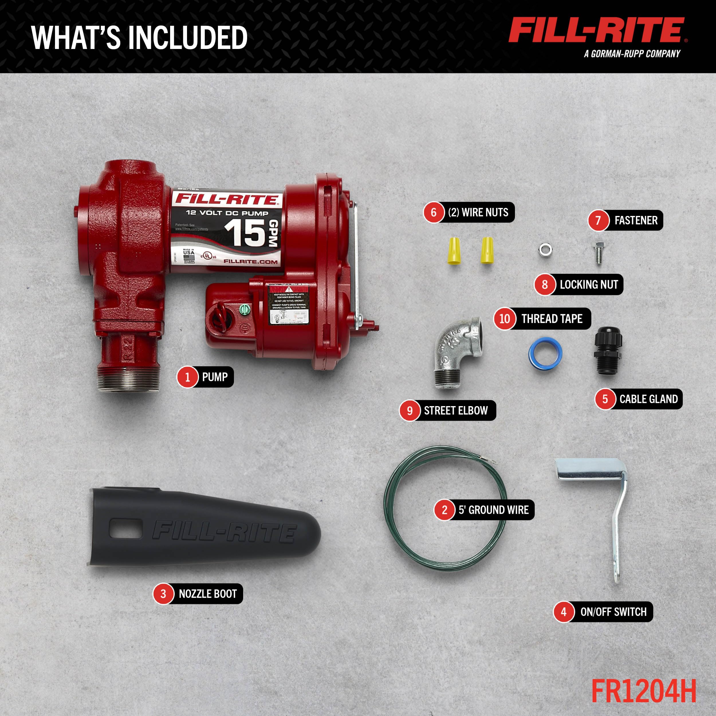 Fill-Rite FR1204H thermal overload protection guards against motor overheating.