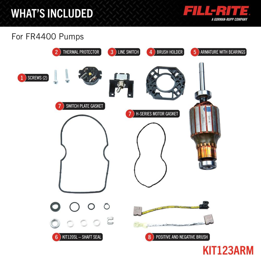 Fill-Rite motor replacement kit seals and brushes improve performance for 4400 series pumps.