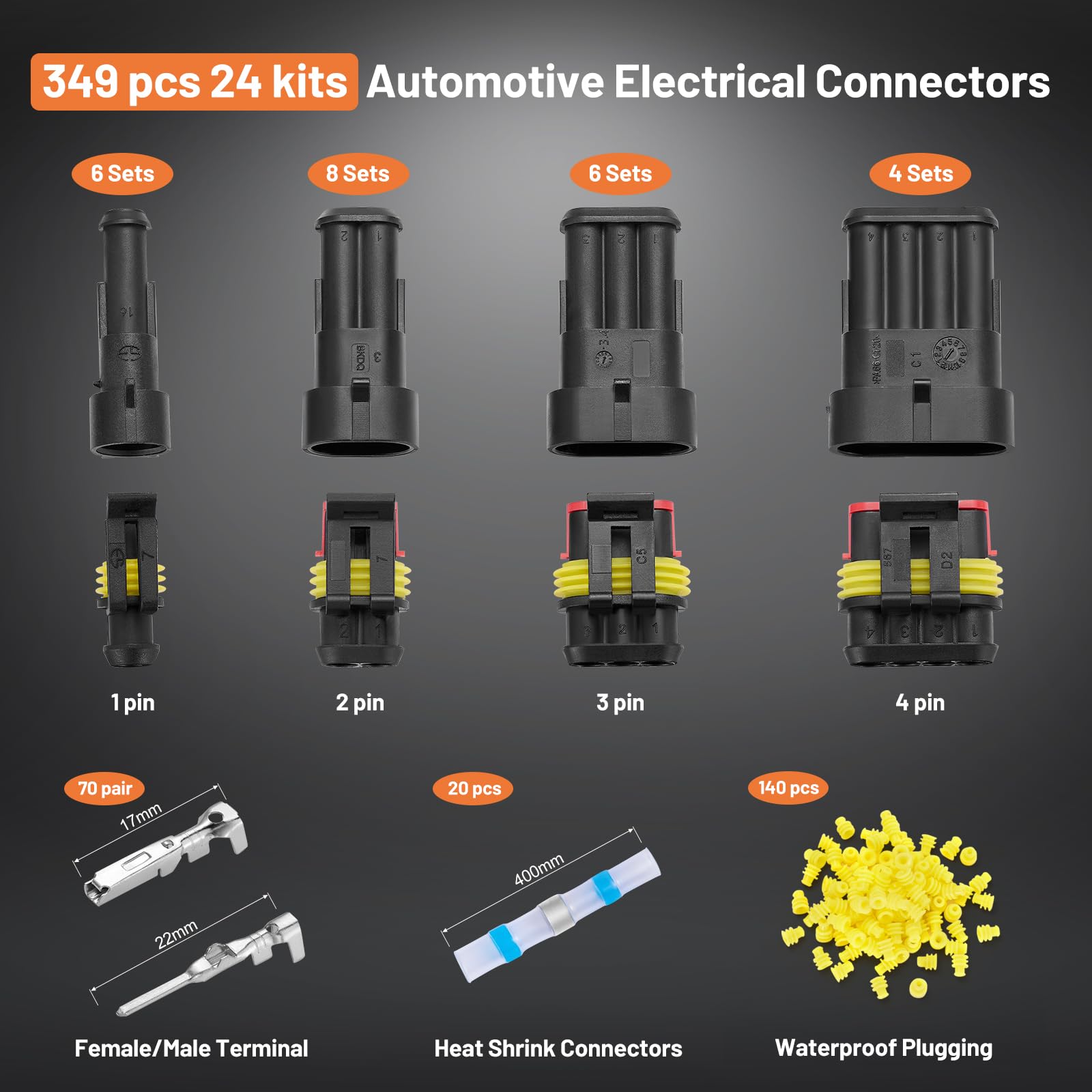 Filluck 24-piece connector kit for 1–4 pin automotive wiring.