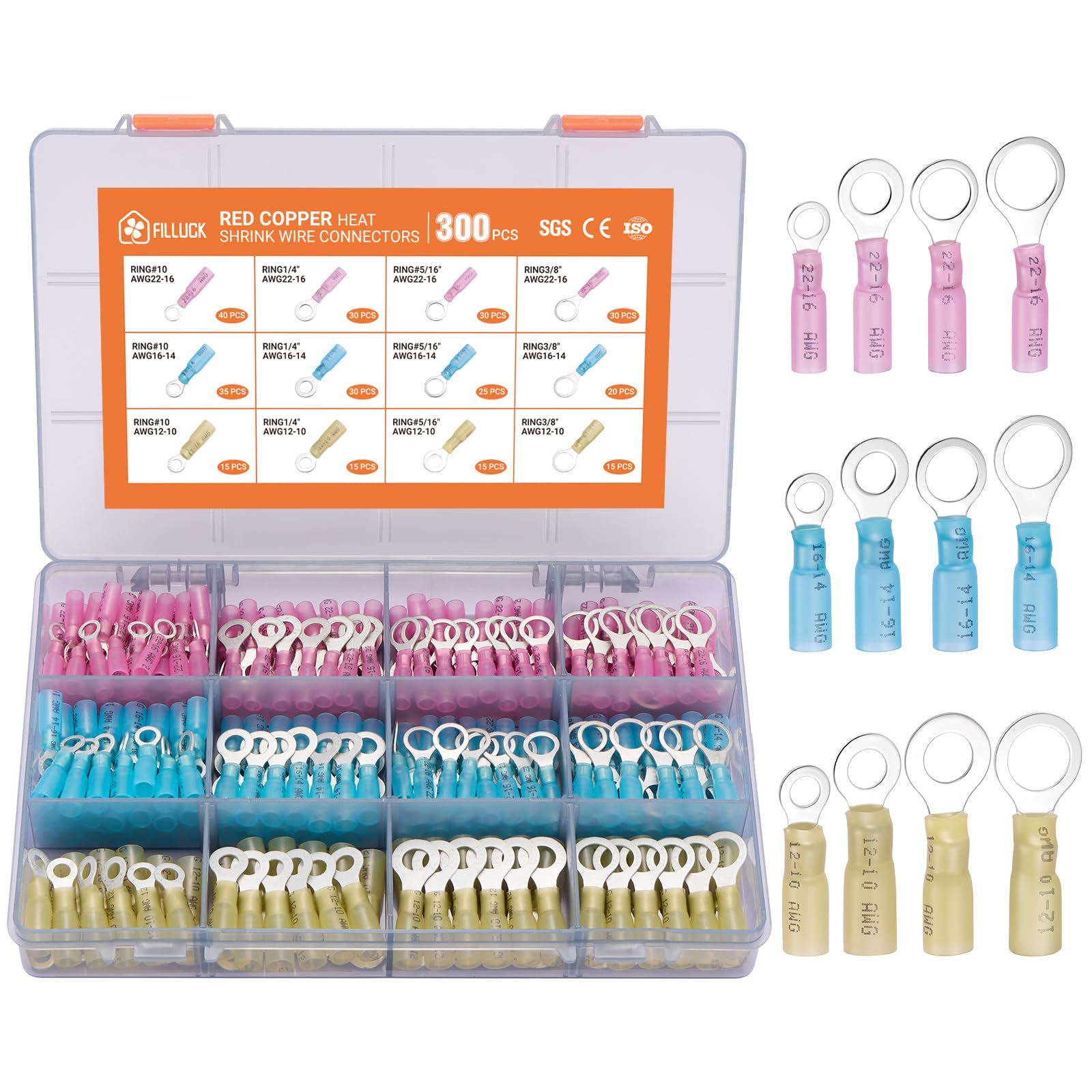 Filluck heat shrink connectors kit showing marine grade red copper terminals for durability