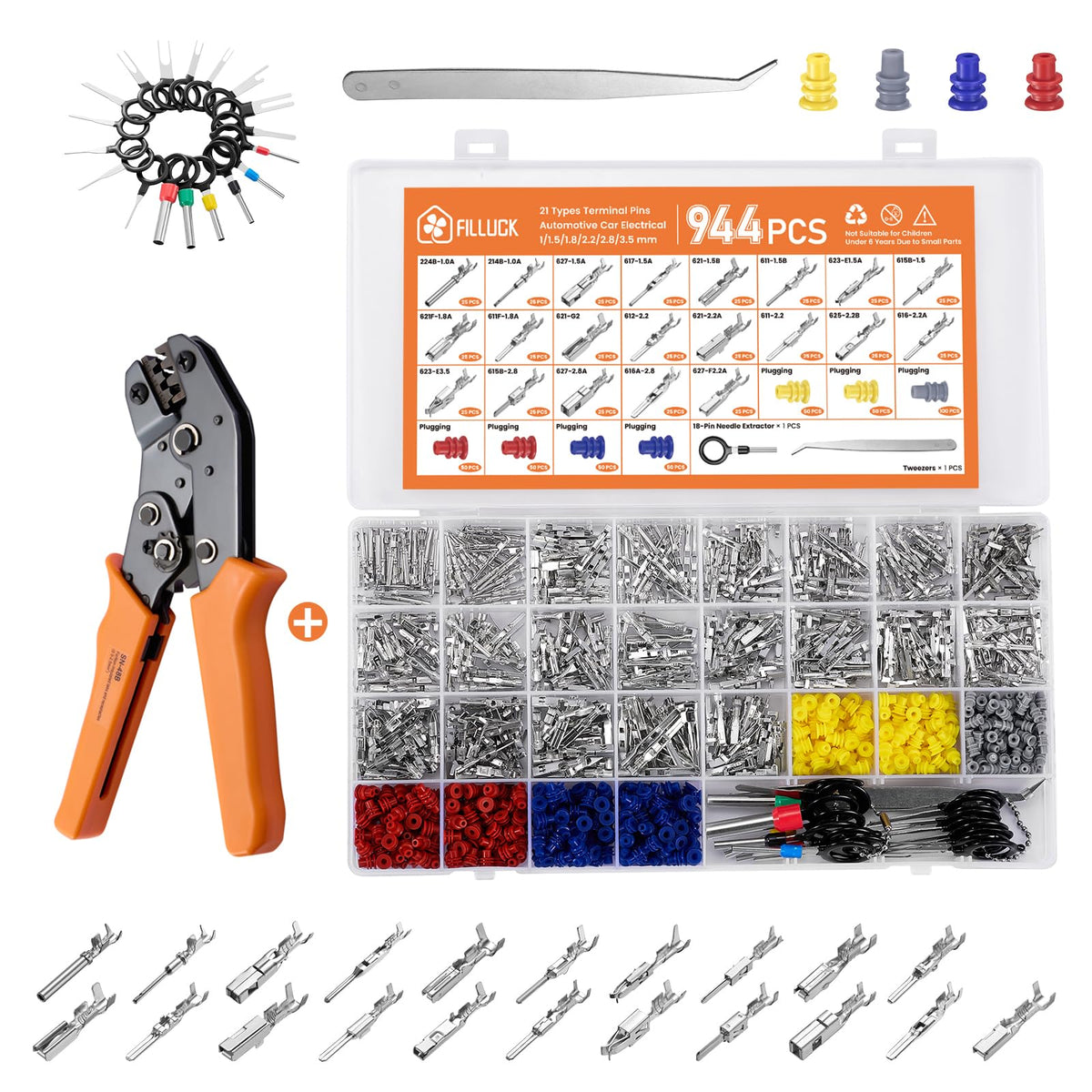 Filluck pin connector kit contents for automotive and electronics repairs
