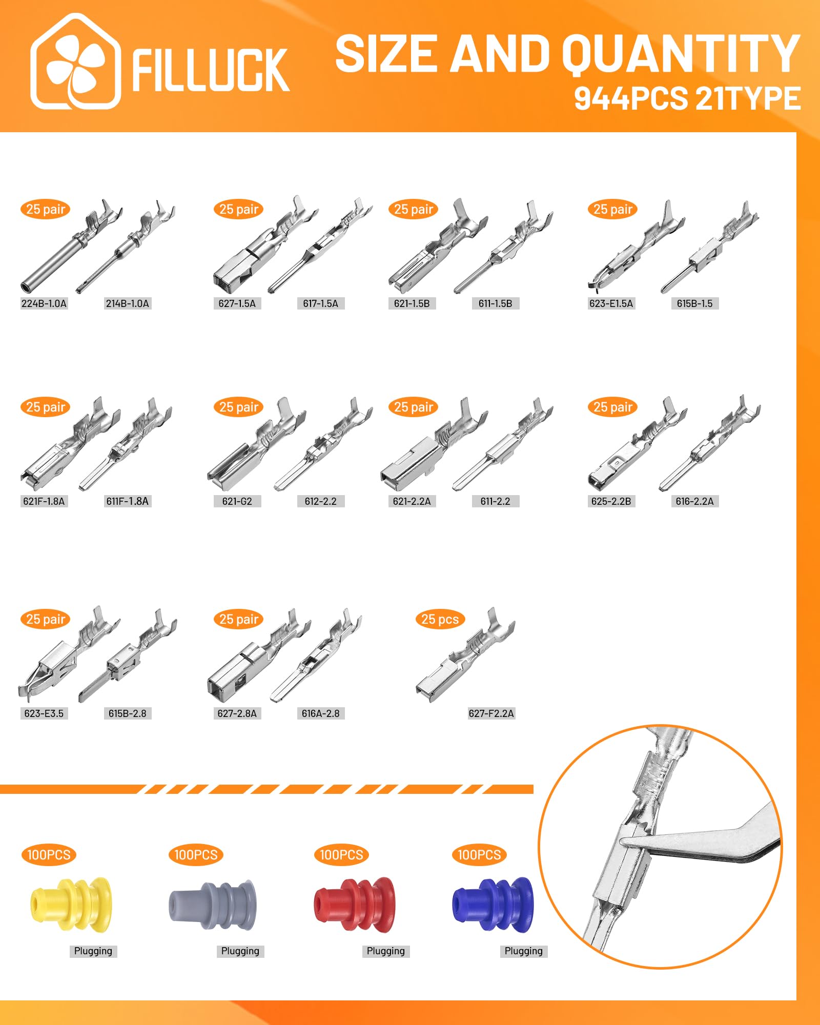 Filluck 21-type pin terminals cover a wide range of automotive wiring.