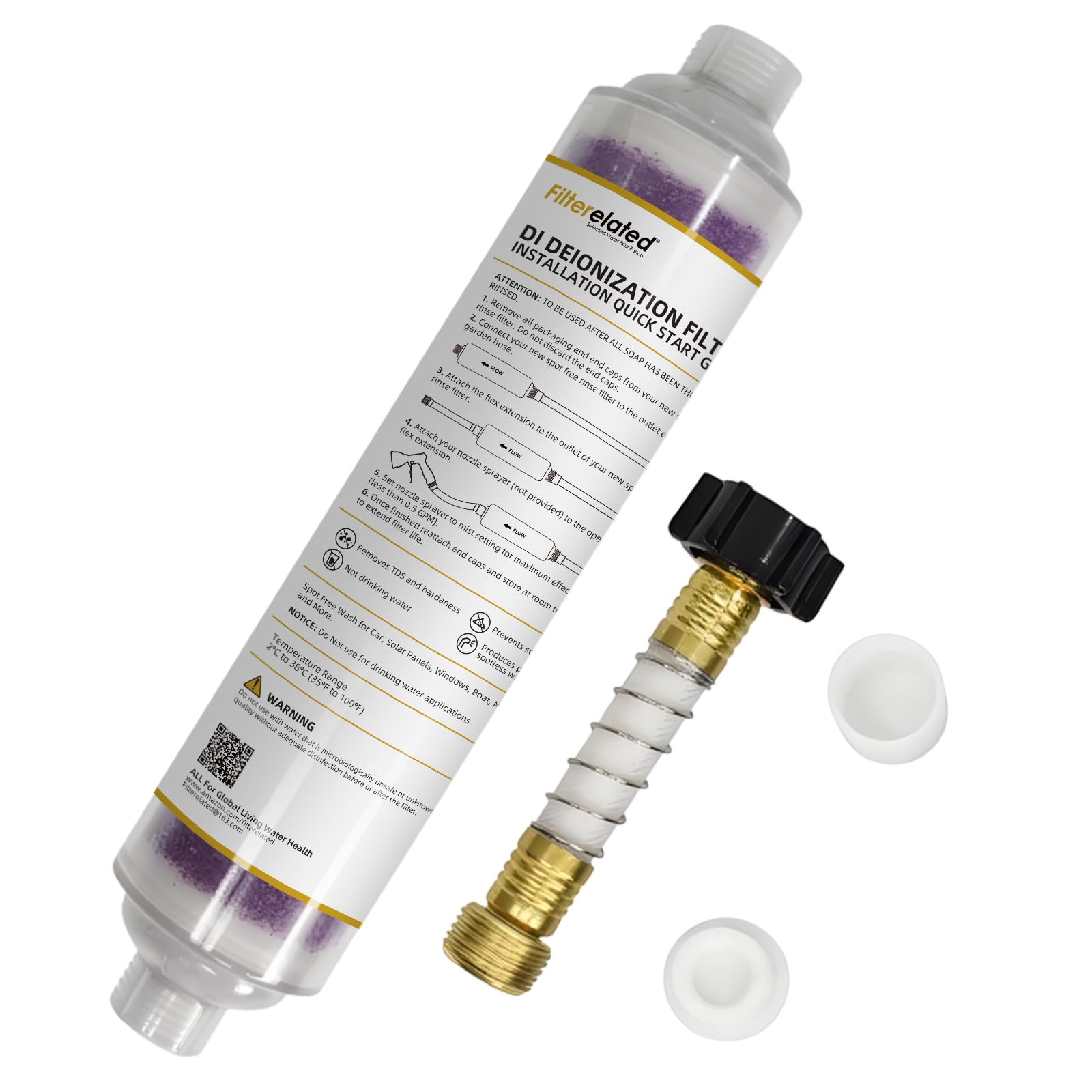 Filterelated inline deionizer with transparent housing for easy resin monitoring.