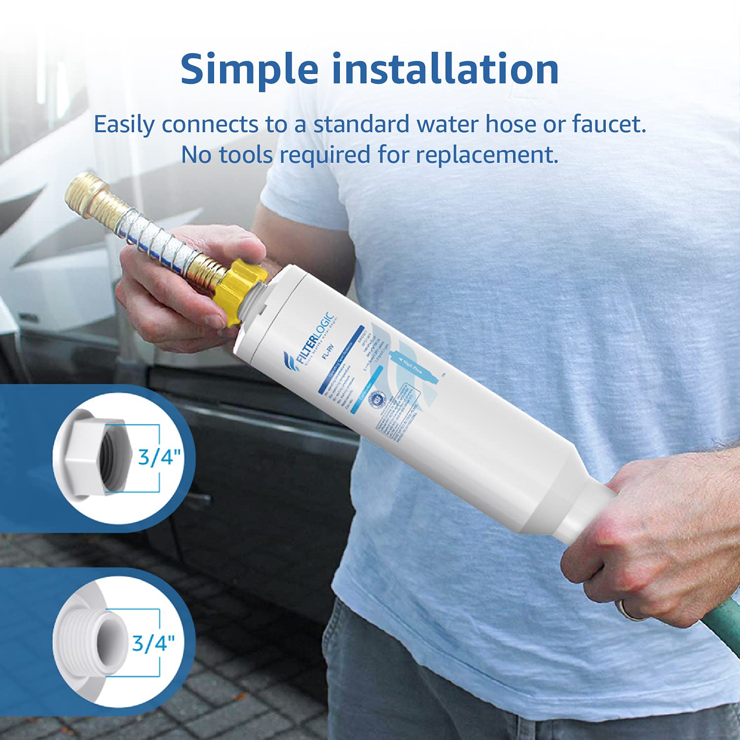 Filterlogic RV inline filter provides 20 micron filtration for cleaner water.