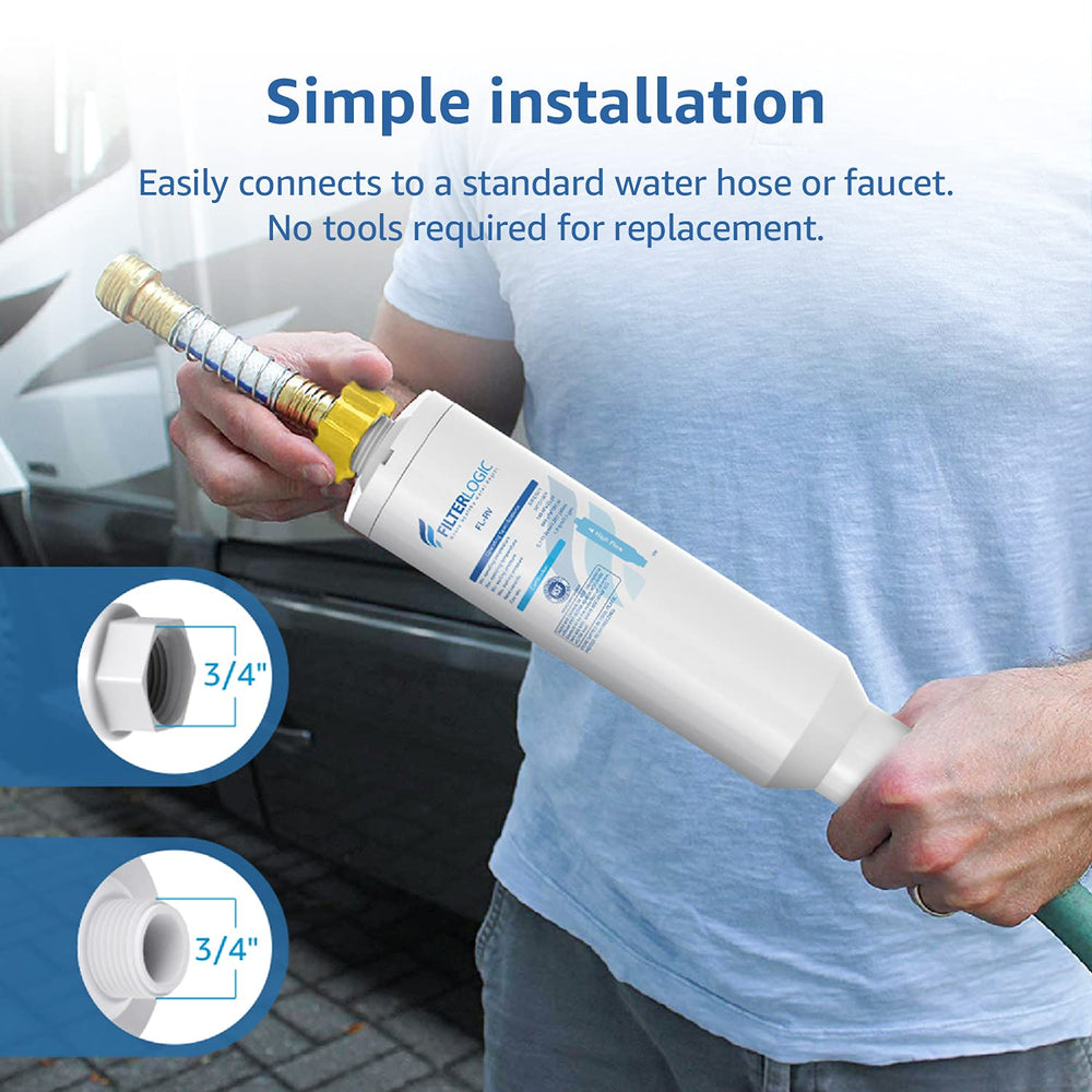 Filterlogic RV inline filter provides 20 micron filtration for cleaner water.