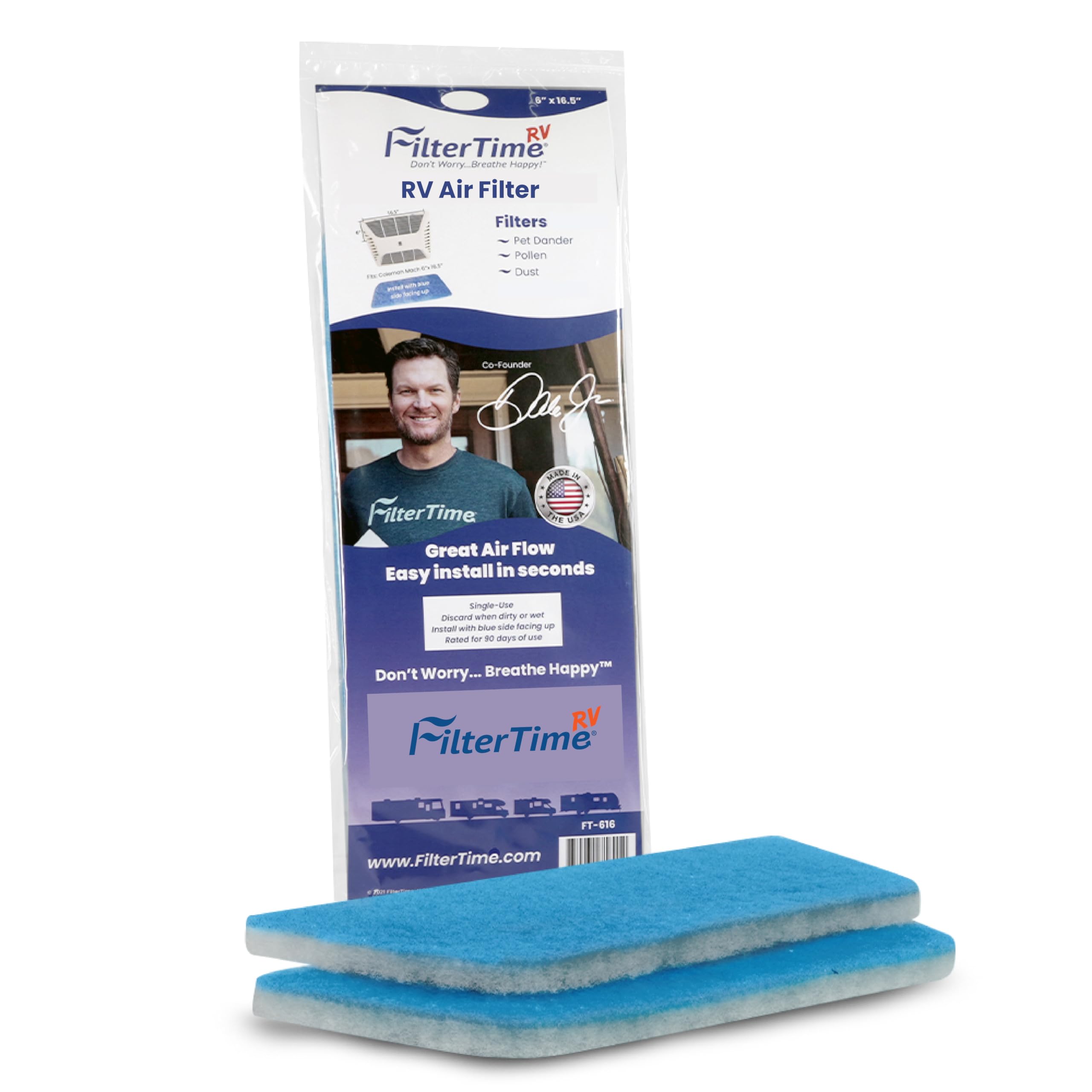 FilterTime FT-616 two-pack ready for quick RV air filter replacements.