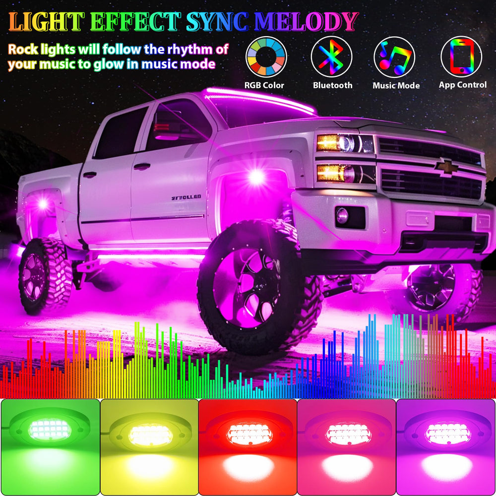 Fimker RGB rock lights shown with app control interface for customization.