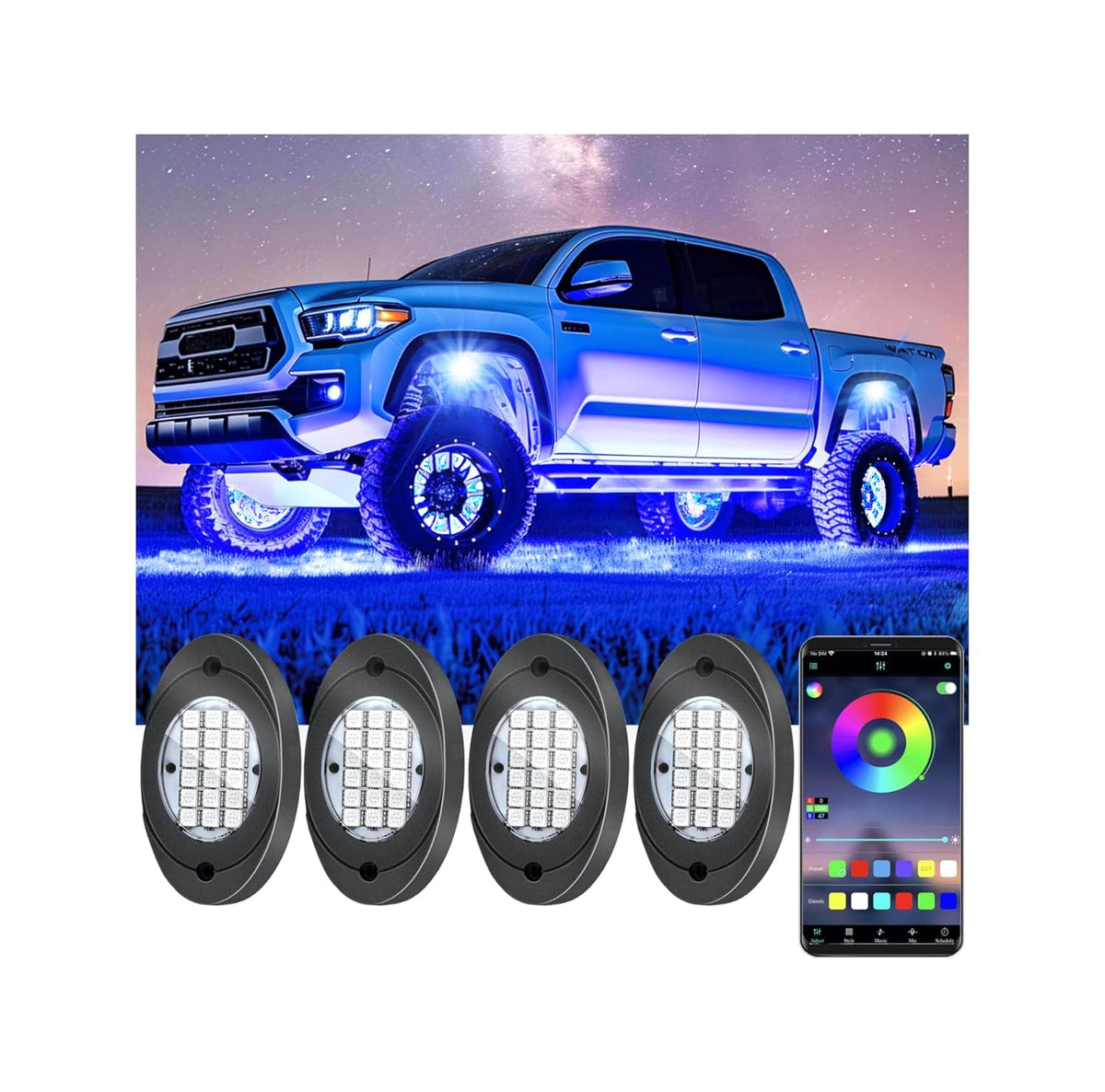 Fimker 4 pods RGB rock lights illuminate wheel wells from the front view.
