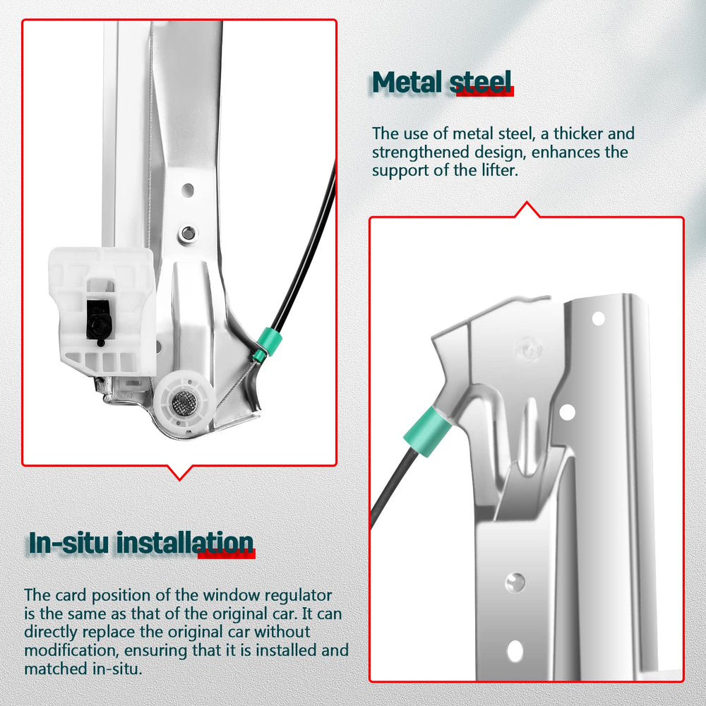 FindAuto front-left regulator side view highlights mounting points for easy alignment.