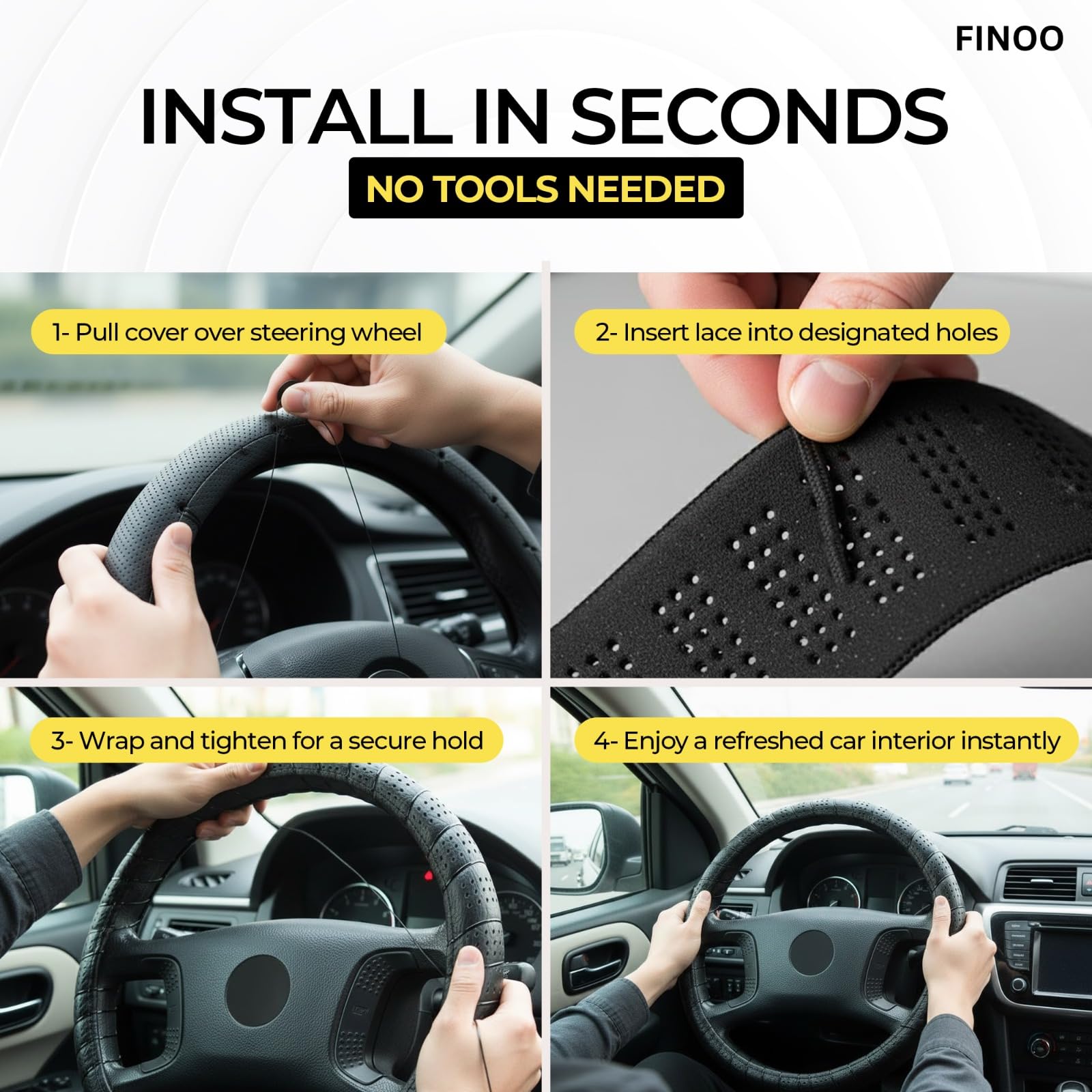 FINOO textured grip steering wheel cover enhances steering control and reduces fatigue during drives.