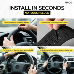 FINOO textured grip steering wheel cover enhances steering control and reduces fatigue during drives.