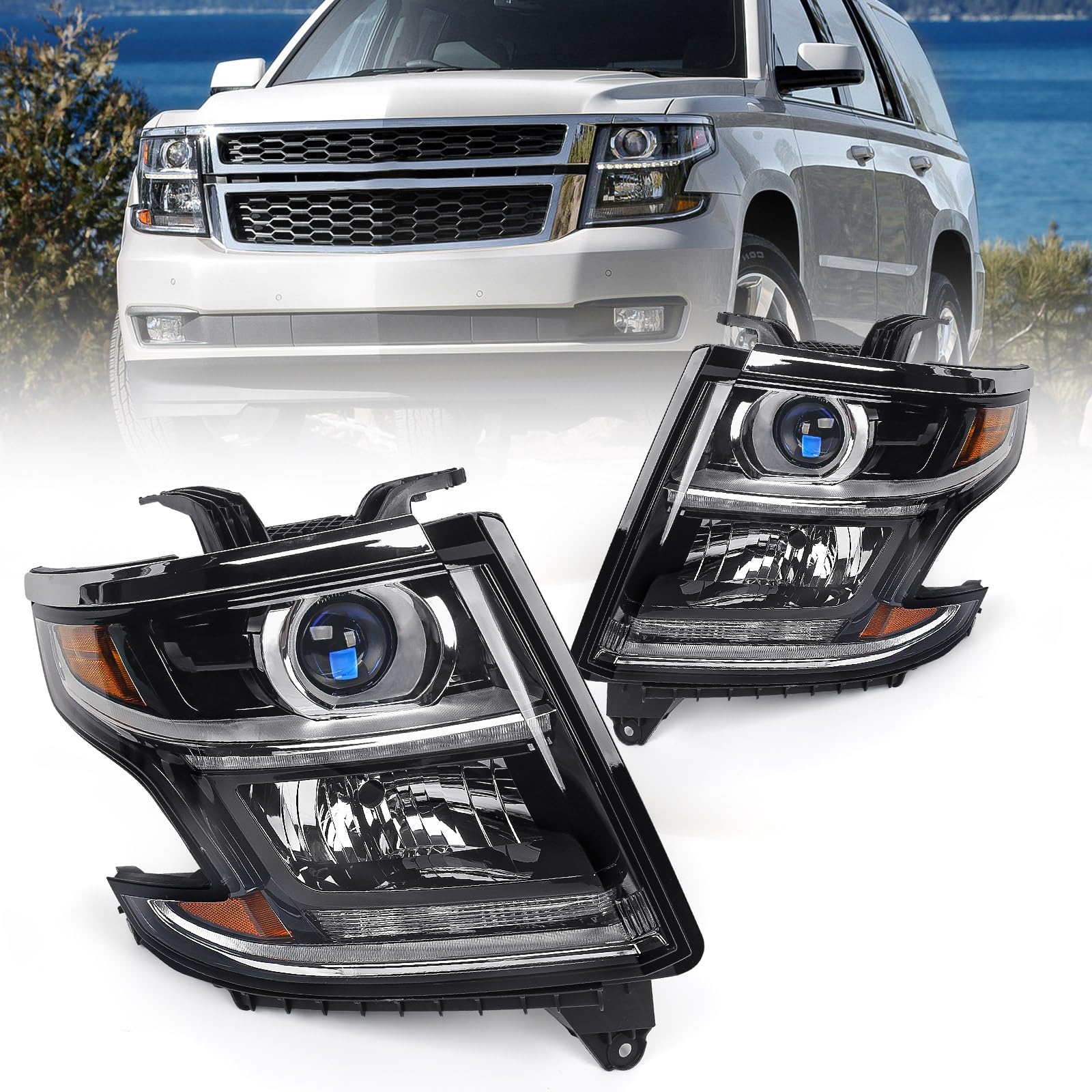 FIONE Chevy Tahoe/Suburban headlight front view showing black housing and seal