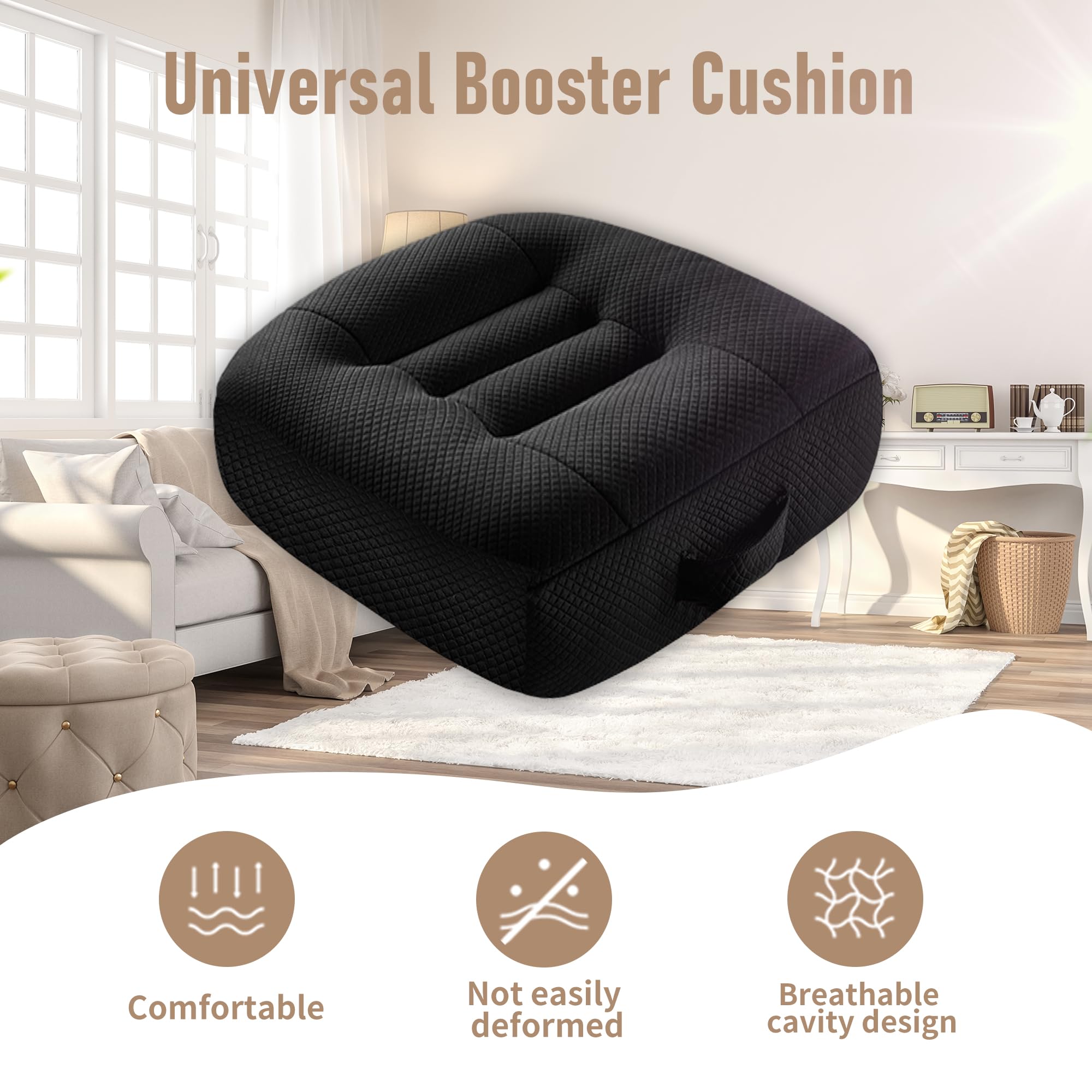 Fioqe car booster seat cushion side view highlights ergonomic height boost for shorter drivers