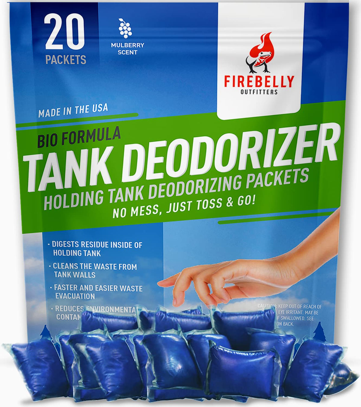 Firebelly Outfitters mulberry packets dissolving to treat RV waste odors